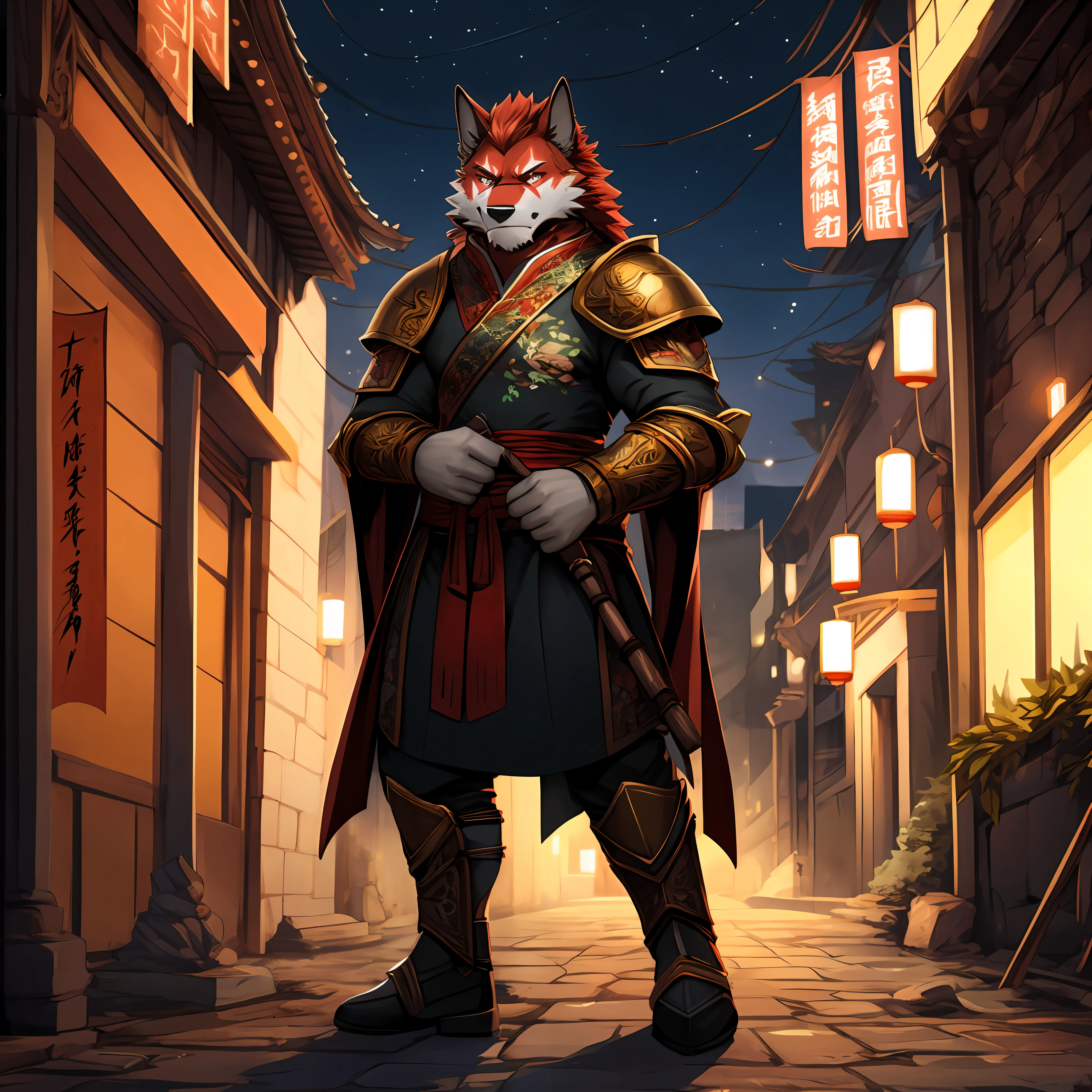 A red werewolf with dark red hair and muscular standing on the street at night,A melancholy expression appeared on his face,He wore ancient Chinese general armor,The corners of the mouth are slightly melancholy,Two bites of a cherry,He was a great general a thousand years ago,There is a visible scar on the right eye,dynamicposes(由Null-Ghost:0.5)
