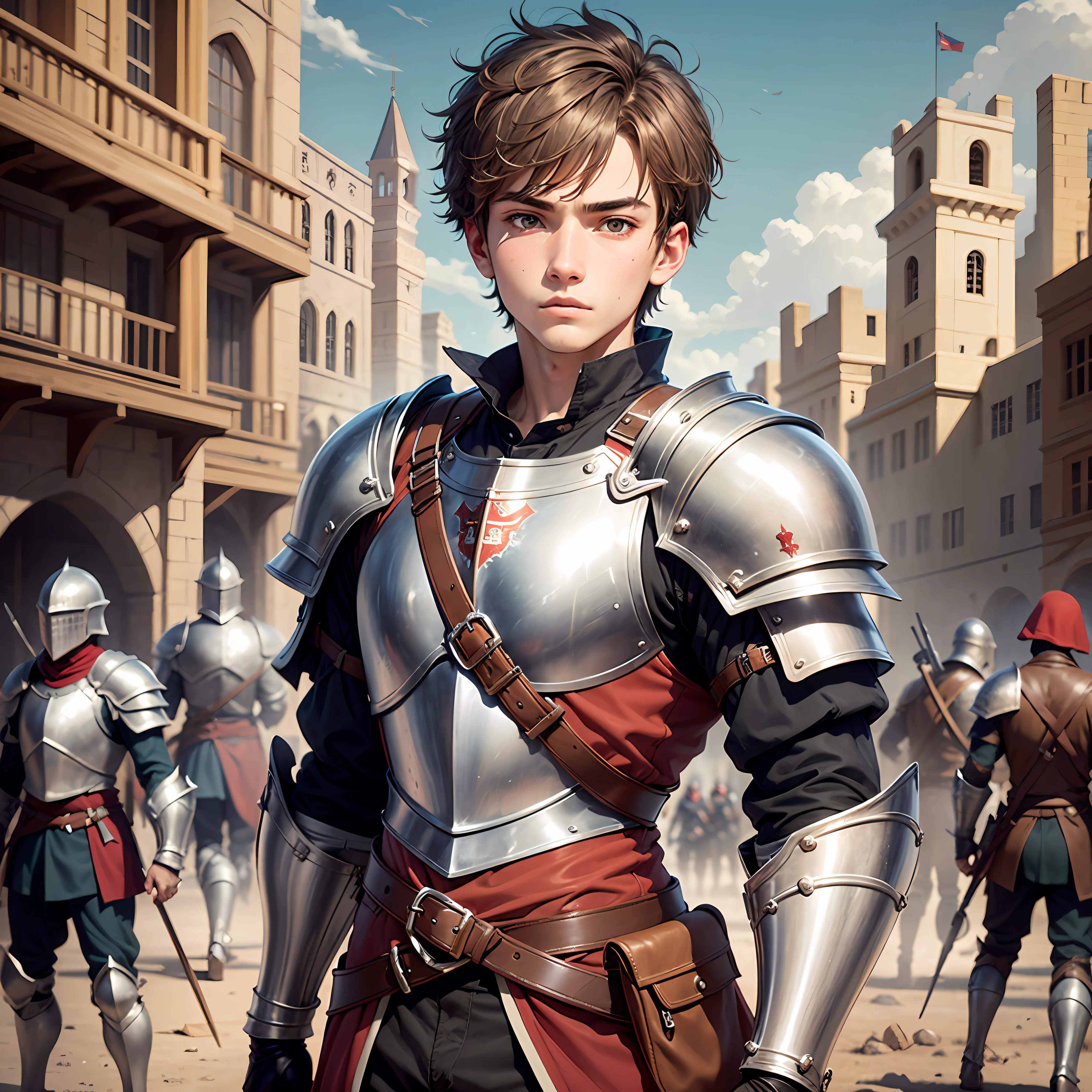 a 17-year-old teenage boy, 1 boy, brown short hair, light brown short hair, short hair parted in the middle, man's short hair, bright eyes, without a beard, without a goatee, no facial hair, silver and red colored medieval knight armor, red clothes, war, battlefield