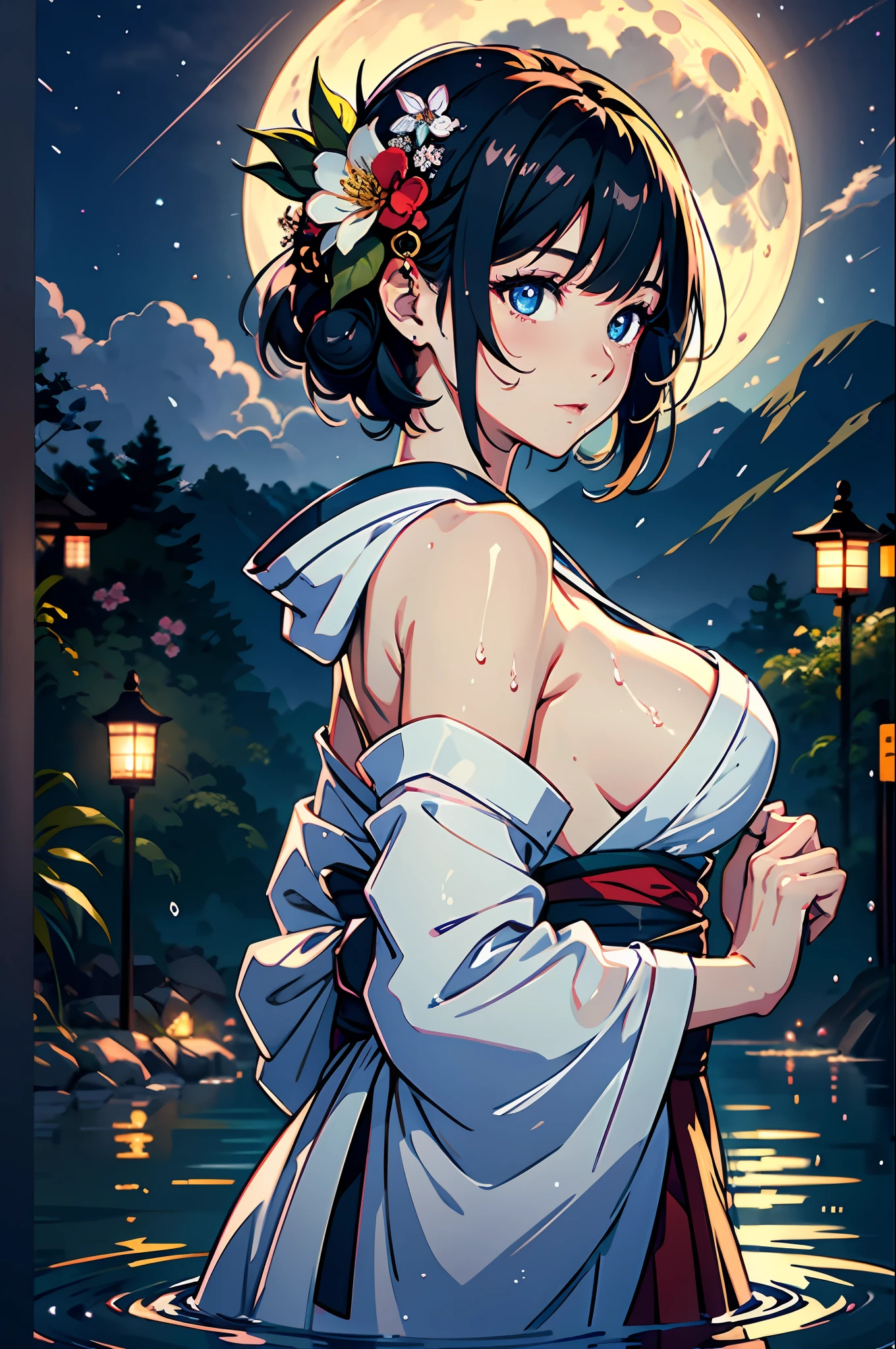 1girl, breasts, moon, lantern, night, solo, large breasts, hair ornament, wet, kimono, japanese clothes, wading, water, hair flower, flower, outdoors, sky, full moon, rain, black hair, off shoulder, mountain, cloud, holding, sash, bare shoulders, paper lantern, standing, white kimono, night sky, sideboob, obi, wet clothes, bangs, tree, from side, reflection, short hair, cloudy sky, wet hair (((masterpiece),(extremely detailed CG unity 8k wallpaper),best quality,,solo,1girl,cinematic lighting,detailed background,beautiful detailed eyes,bright pupils, (an extremely delicate and beautiful),(Beautiful and detailed eye description)， ultra-detailed,masterpiece,)),