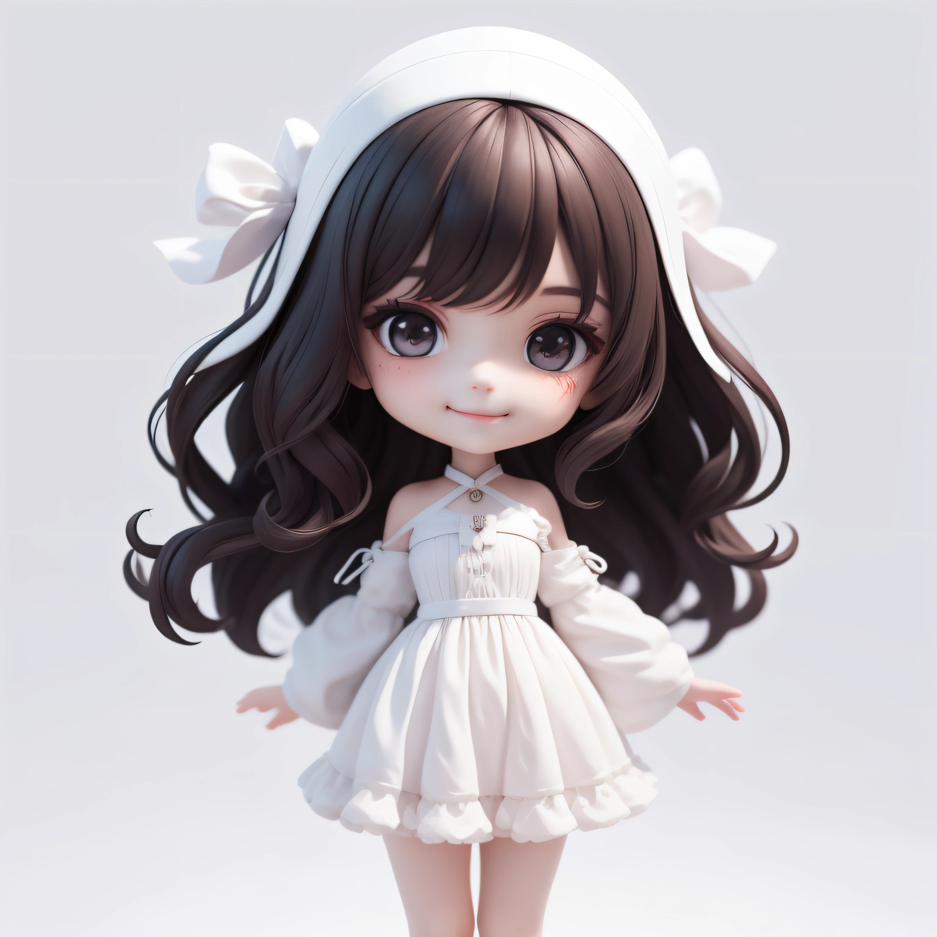 (tmasterpiece),(best qualtiy),(ultra detali),(full bodyesbian:1.2),(2.5 head-to-body ratio),tchibi,adolable,morningglow,White background,KARATE,the front view,Bokeh,Supersaturation,Color contrast:1.1,hyper realisitc,number art,art stations,1girll,ssmile,long wavy dark hair,Black eyes,White dress with ruffles,Exposed shoulder,Blushlush,(Beautiful detailed face)