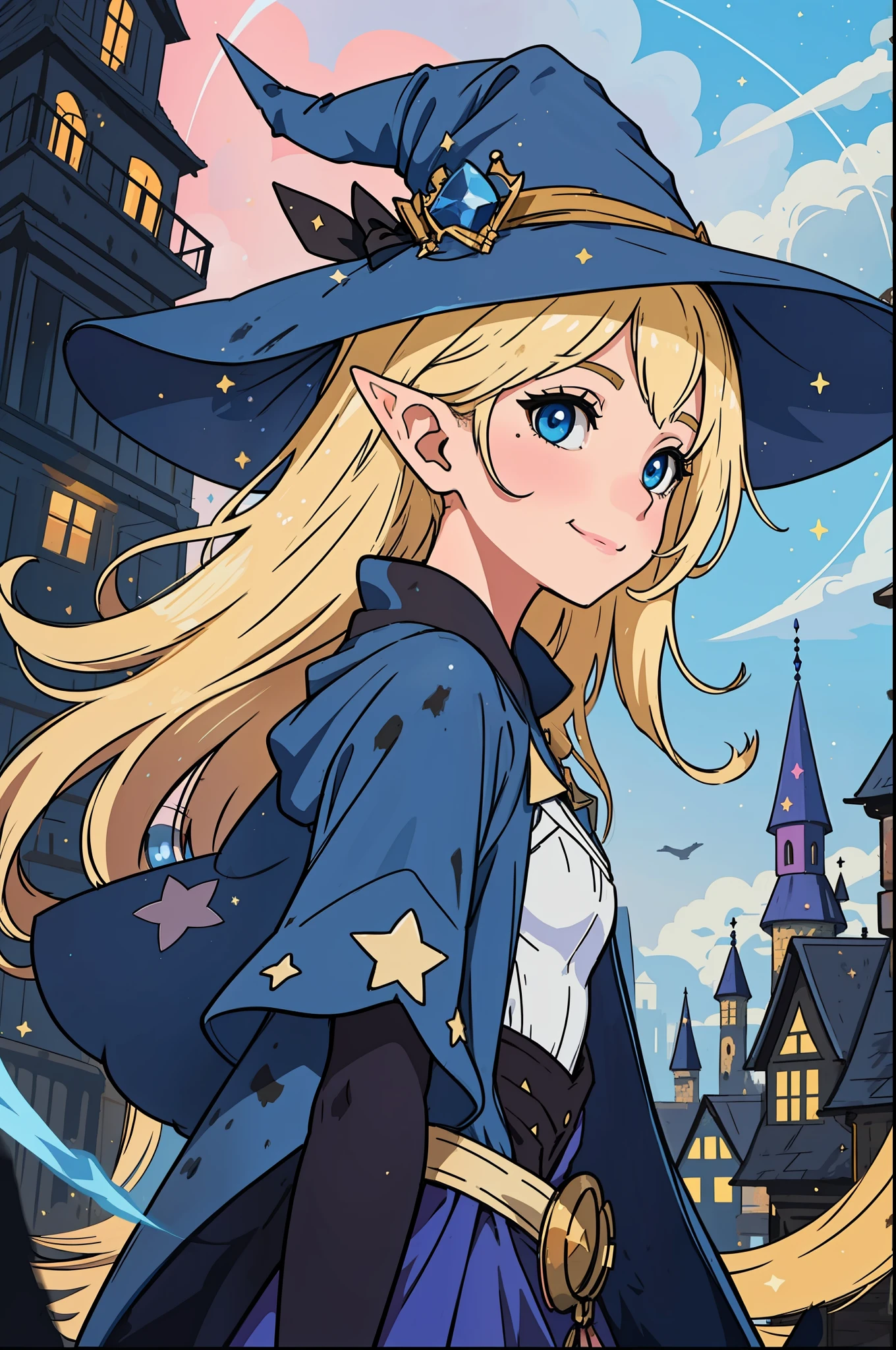 The perfect masterpiece,Highest quality,Perfect artwork,8K,Upper Body Lens,front portrait,Delicate face,Face Close-up,Watching the audience, Wizard apprentice girl,(pointy royal blue witch hat:1.3),(white star print on hat:0.8),Magical transparent eyes,(dirty blonde hair:1.2),(young:1.4),(small breasts:1.3),large eyes,happy,warm smile,slender,slim build,thin waist,(💖:1.3),Digital Art,plane illustrations,colorful illustration,minimalist style,anime cartoon style,glowing magical effects, fantasy city background, elf ears