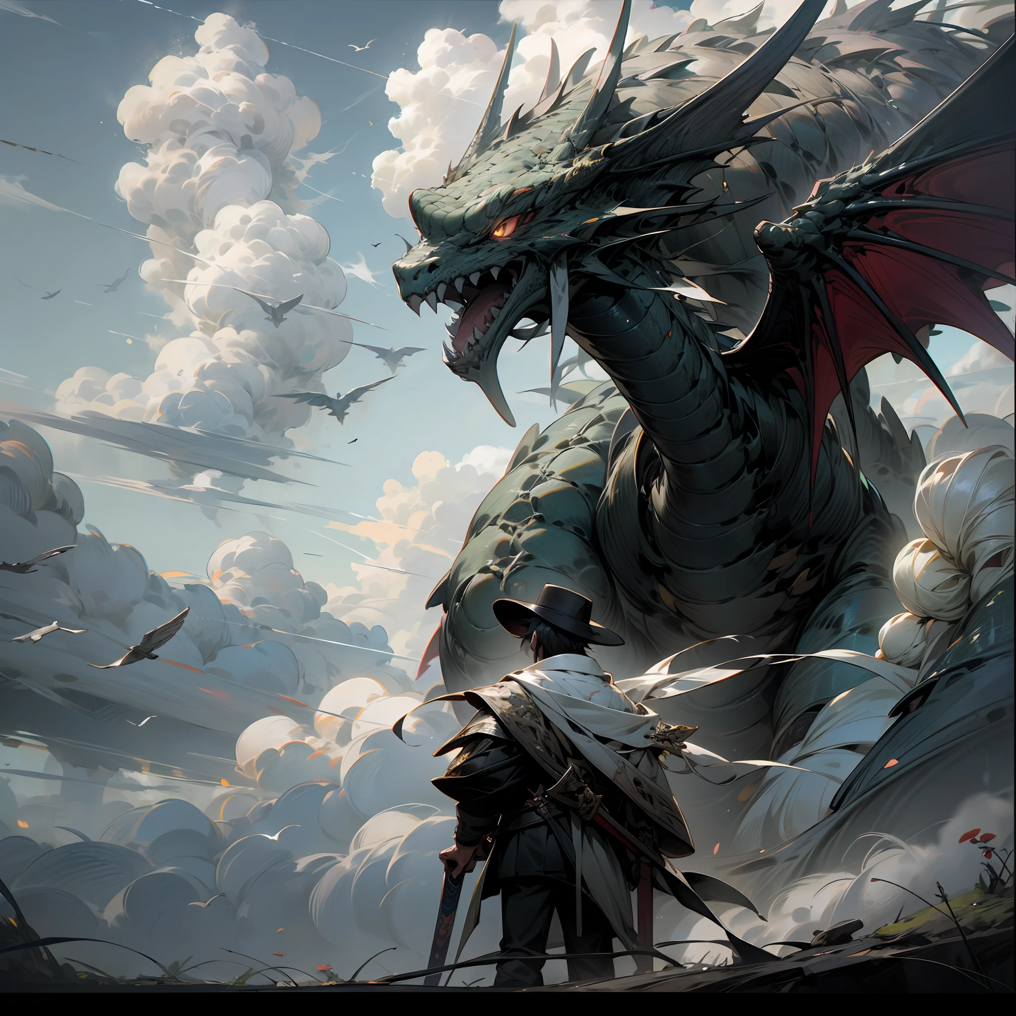 girl, letterboxed, holding, outdoors, bird, standing, cloud, 1boy, weapon, from behind, sky, cloudy sky, animal, holding weapon, eastern dragon, monster, 1other, hat, fog, --auto