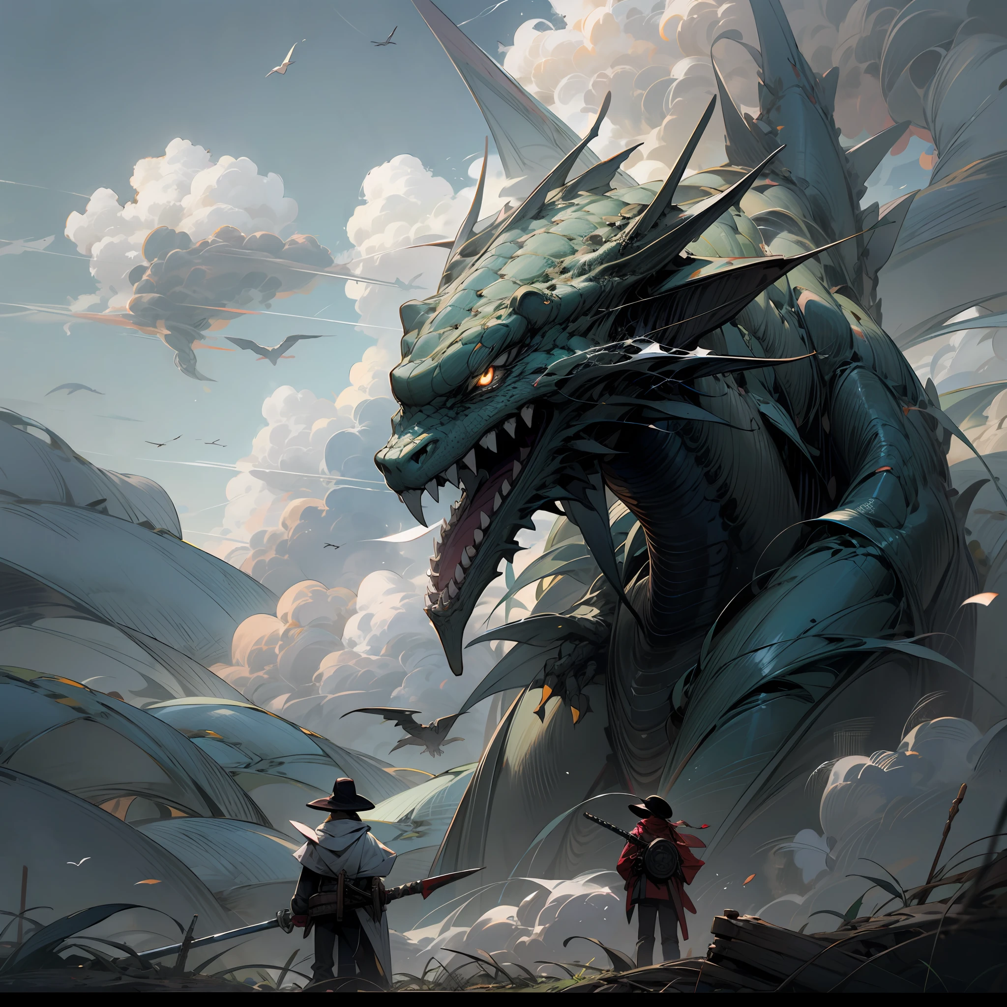 girl, letterboxed, holding, outdoors, bird, standing, cloud, 1boy, weapon, from behind, sky, cloudy sky, animal, holding weapon, eastern dragon, monster, 1other, hat, fog, --auto