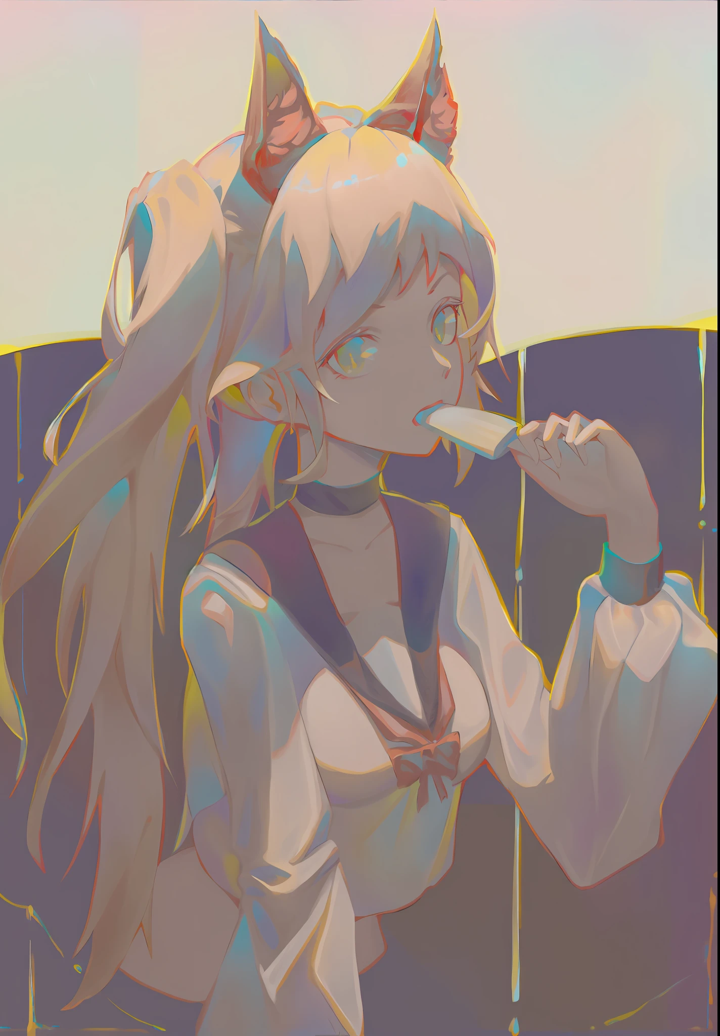 anime girl with cat ears and a cat tail blowing a cigarette, Guviz-style artwork, made with anime painter studio, Guviz, Praise Artstyle, anime styled digital art, Digital anime illustration, flat anime style shading, style of anime4 K, Anime style. 8K, hoog detail. Digital painting, lofi portrait, lofi-girl