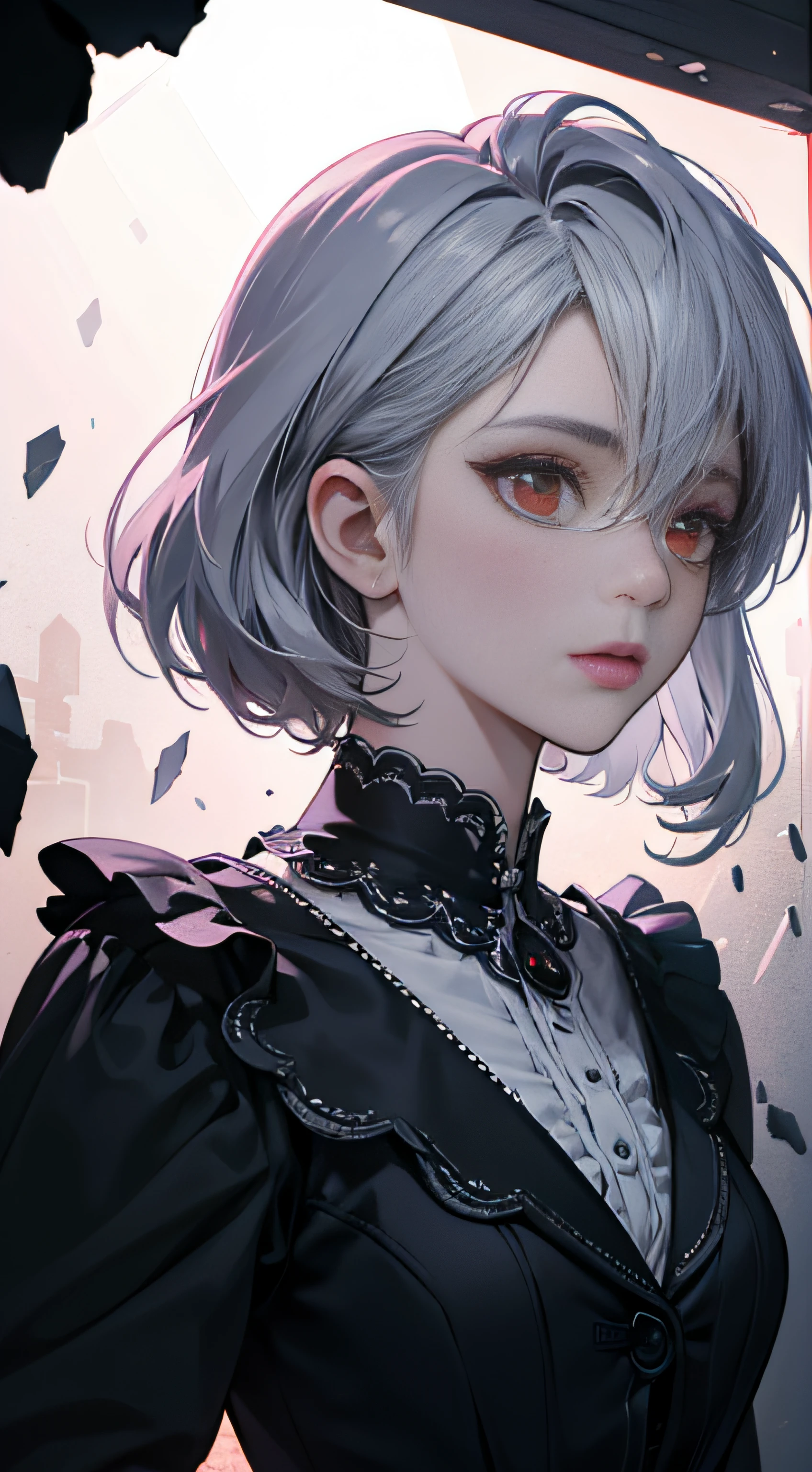 (Detailed background,Glass reflection, Dark fantasy), (Beautiful detailed face), High contrast, (Best illumination, An extremely delicate and beautiful), ((Cinematic light)), Colorful, hyper-detailing, Dramaticlight, Intricate details, (1 girl, bloodsucker, ta, Solo,Silver hair, sharpy face,Red eyes, hair between eye,Dynamic Angle), blood spatter, swirling black light around character, Depth of field,Black light particles,(Broken glass), --auto