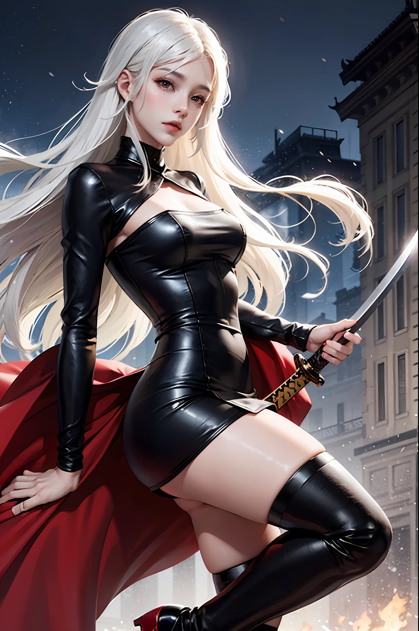 white color hair,Long hair,red eyes,Leather clothes,shortpants,empire,barepubic hair,black lence stockings,katana swords,mechs,raining day,the night --auto