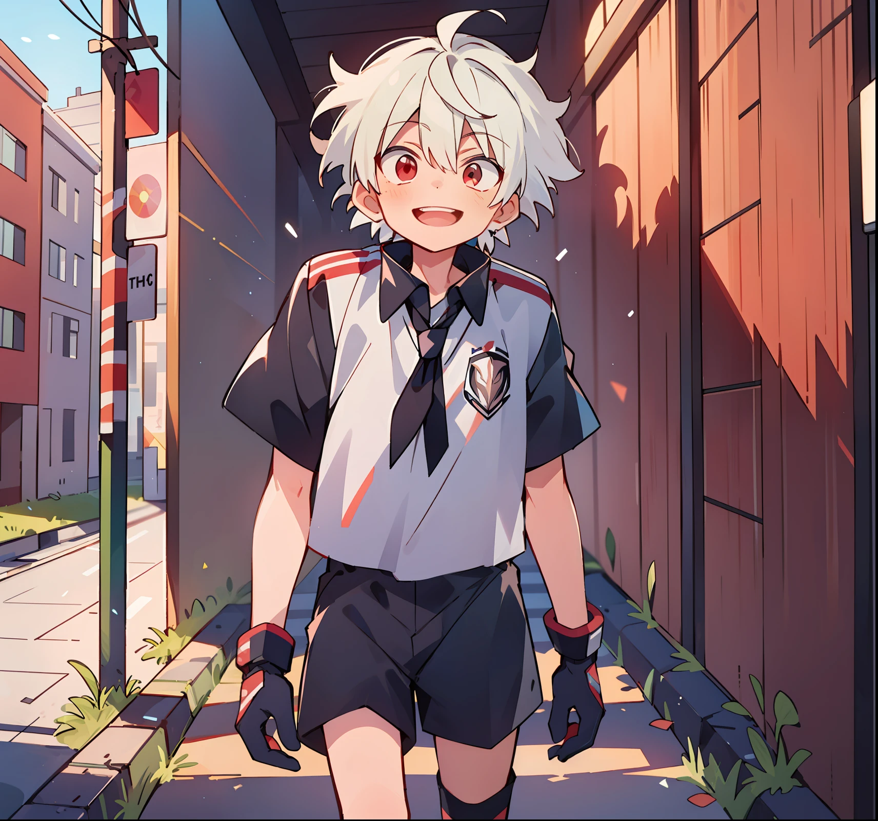 (high high quality, Breathtaking),(Expressive eyes, Perfect face), 1boys, Solo, short, Young boy, Short white hair, Red eyes, Smiling, Black school uniform, wear short shorts, urban surroundings, cyber outfit, Short shorts, Virtual world