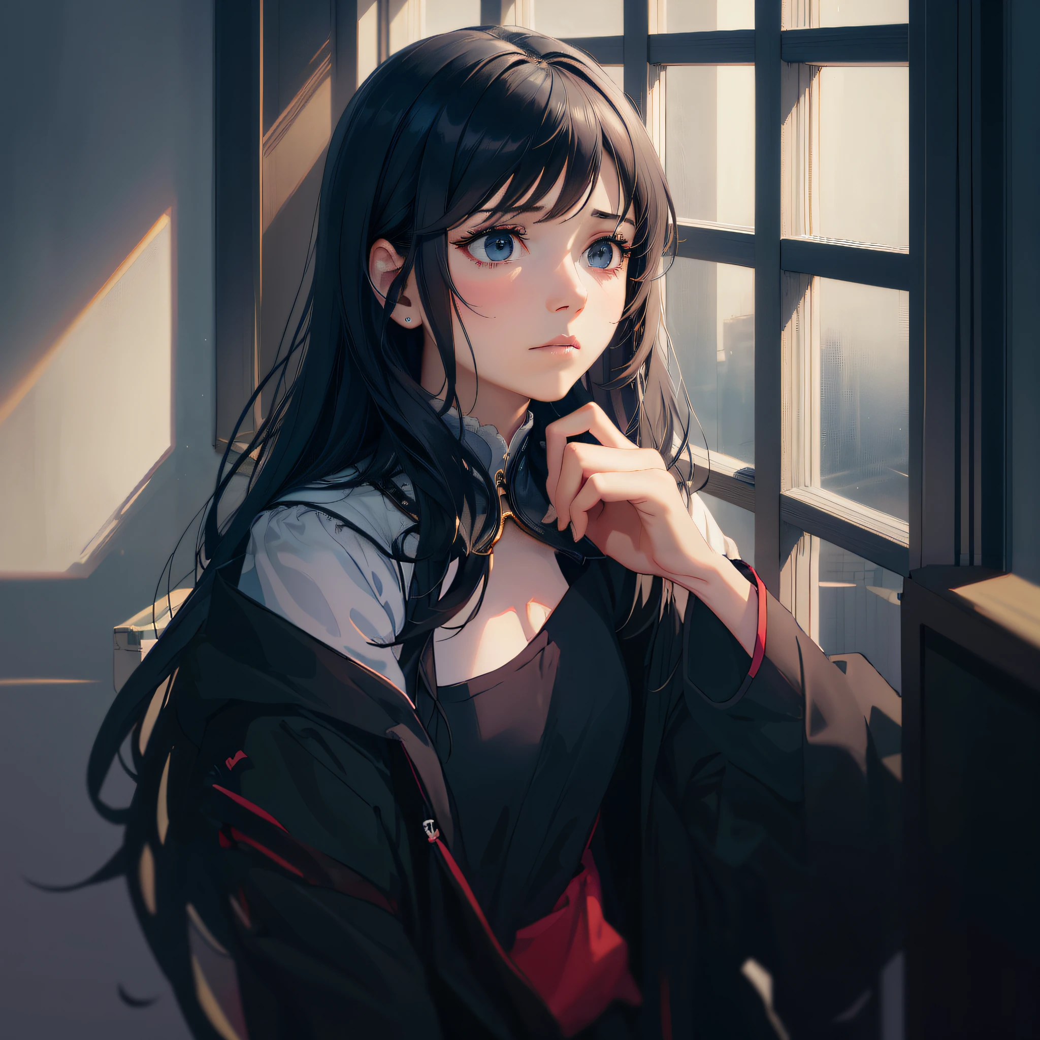 Menina anime com longos cabelos pretos e olhos azuis olhando por uma janela, retrato bonito do anime, menina anime retrato, retrato detalhado da menina do anime, arte de anime digital detalhada, arte de anime realista, retrato bonito da menina do anime, retrato impressionante do rosto do anime, retrato da menina anime, Retrato de uma garota de anime, retrato estilo anime, retratos bonitos da menina do anime, estilo anime 4K, arte de anime digital