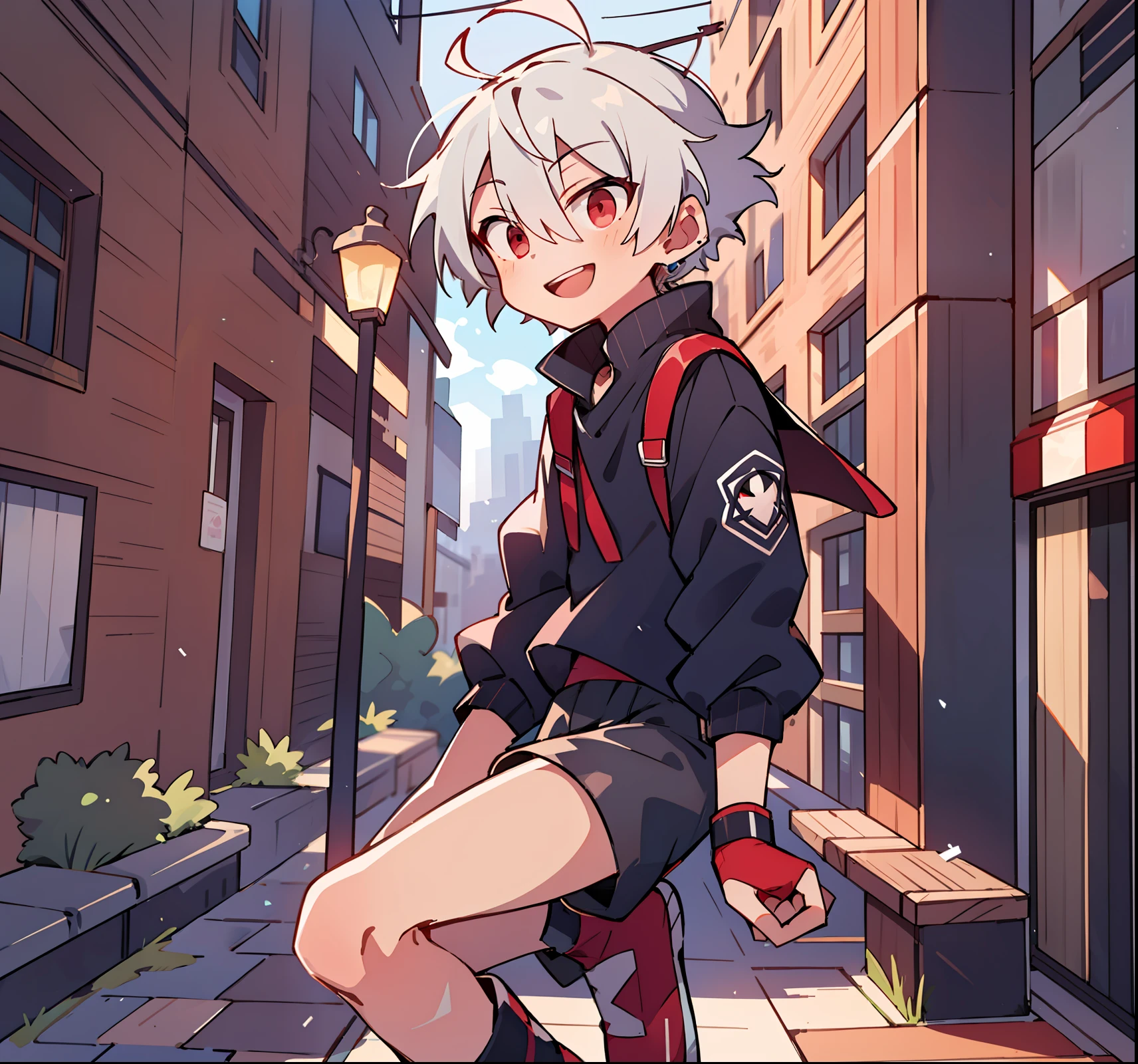 (high high quality, Breathtaking),(Expressive eyes, Perfect face), 1boys, Solo, short, Young boy, Short white hair, Red eyes, Smiling, Black school uniform, wear short shorts, urban surroundings, cyber outfit, Short shorts, Virtual world