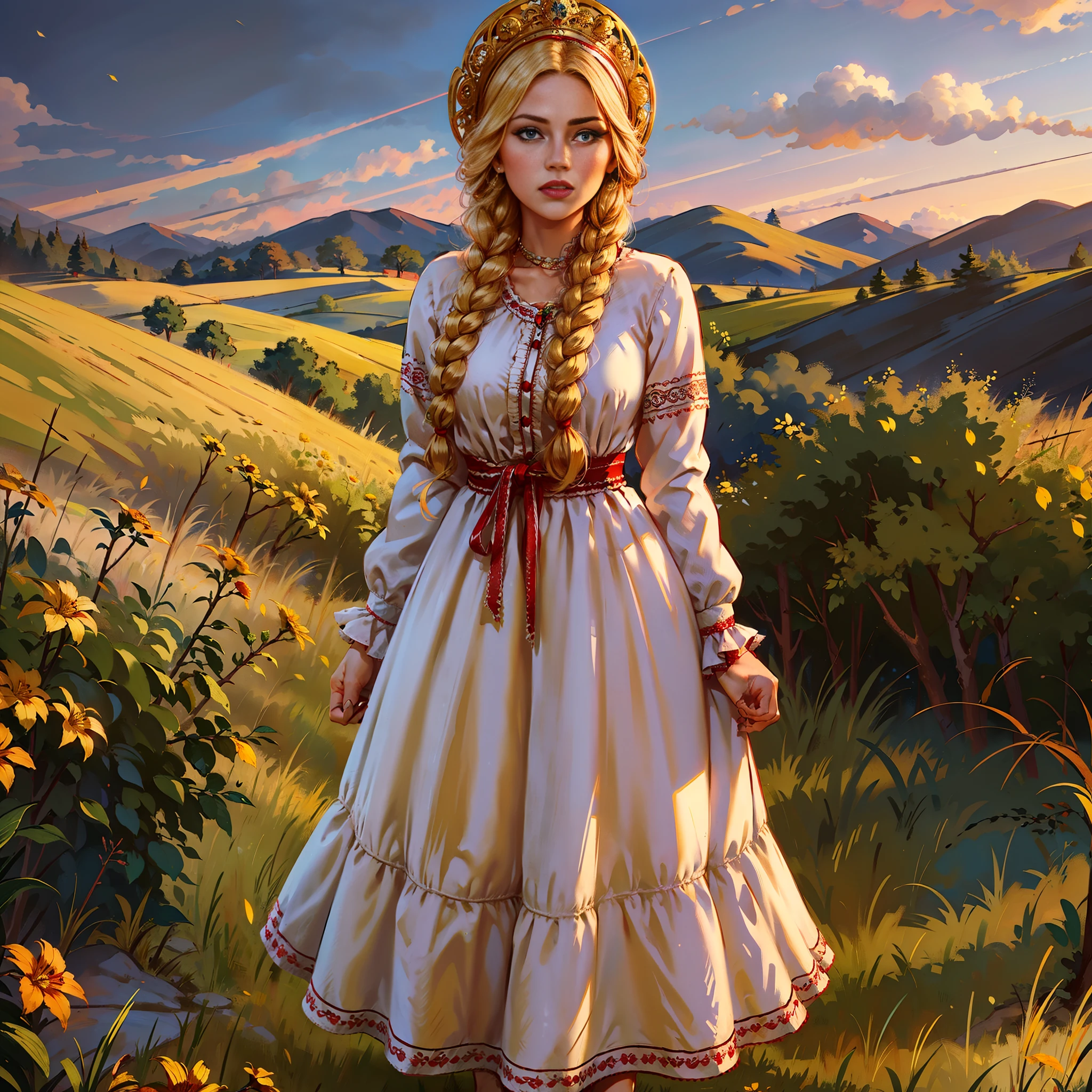 1girl, full body of beautiful blonde lady in white dress with ornate red frills, arms behind back, blue eyes, braid, kokoshnik headwear, yellow field, dark deep blue sky, evening