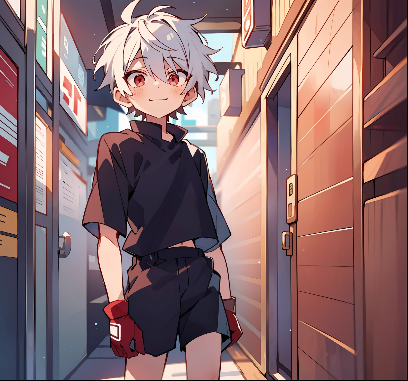 (high high quality, Breathtaking),(Expressive eyes, Perfect face), 1boys, Solo, short, Young boy, Short white hair, Red eyes, Smiling, Black school uniform, wear short shorts, urban surroundings, cyber outfit, Short shorts, Virtual world