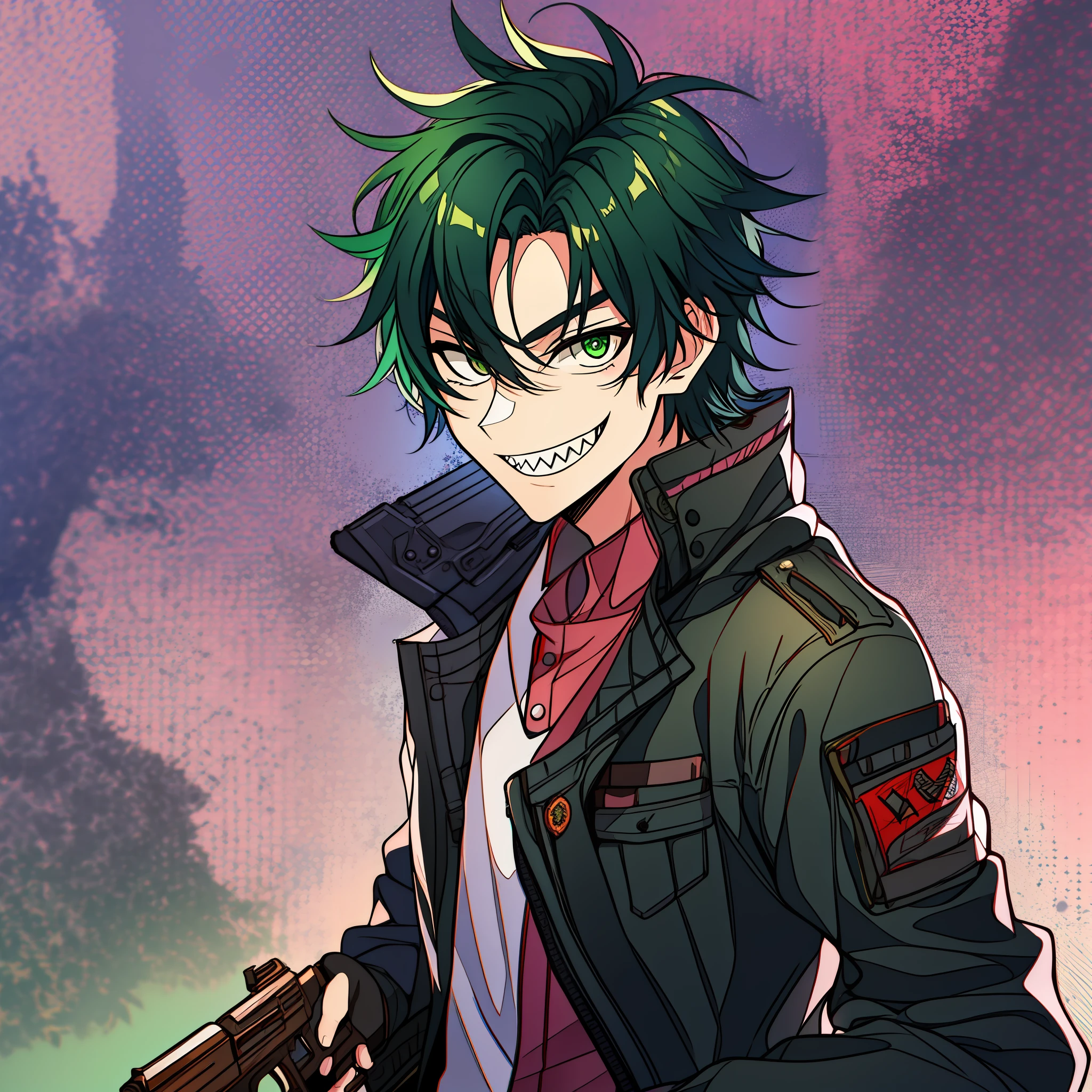 Older teenage Male with black hair and green eyes, sharp teeth, smiling, holding a gun, wearing stuff a bounty hunter would but make the colors of it black, scar across right eye