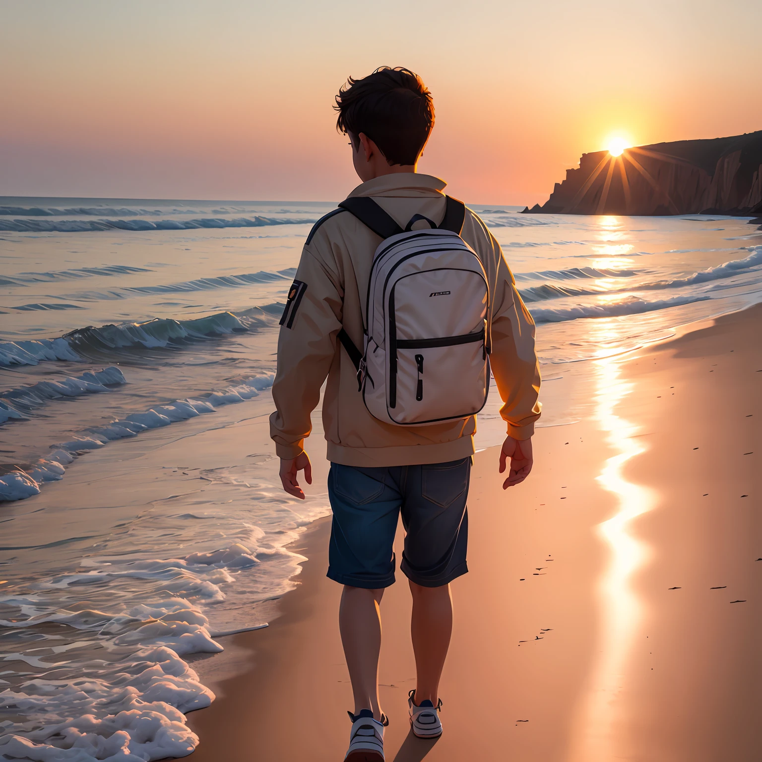 the setting sun，sea beach，bob-cut hair，The boy sits on the ground with one hand blocking the sun，Tiger Tooth，Laugh Ultra HD，Standing painting style，Standing painting style，High resolution, Highest quality --auto