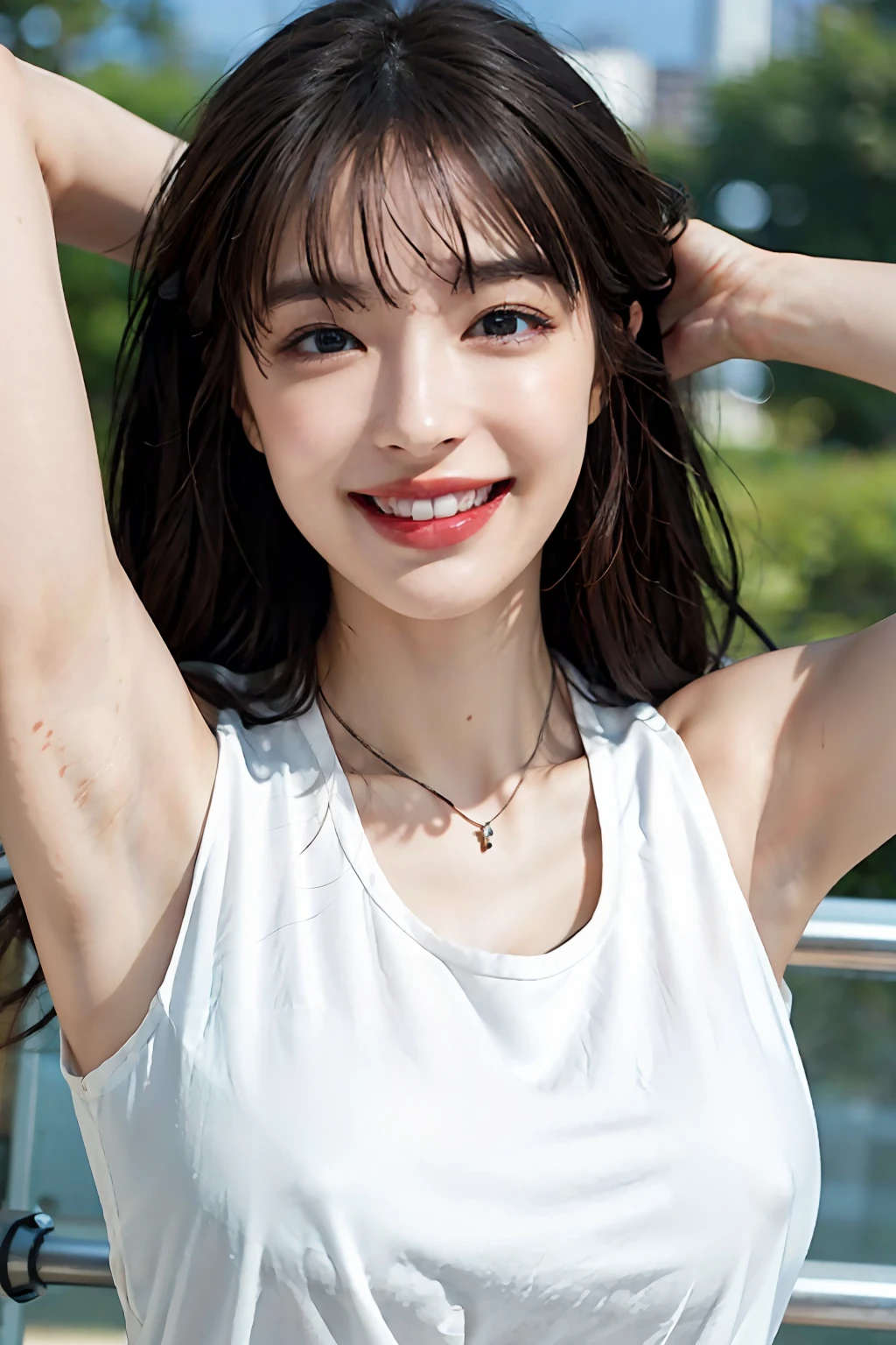 (A hyper-realistic), (illustratio), (hight resolution), (8K), (enormously detailed), (The best illustrations), (beautiful detailed eye), (beste-Qualit), (ultra-detailliert), (​masterpiece), (wall-paper), (details face)、Upper body close-up,Armpit, A smile,Plump,独奏、Girl in silk plunged white tank top, full of sweat, japanes, large full breasts, (camel's toe)、gigantic-breast、Detailed, well-groomed white teeth、Ultimate Beauty、shot on the Canon EOS R 6、full of sweat、(beautiful detailed teeth)、Silver necklace、Background is a park with sunlight outside、No up、