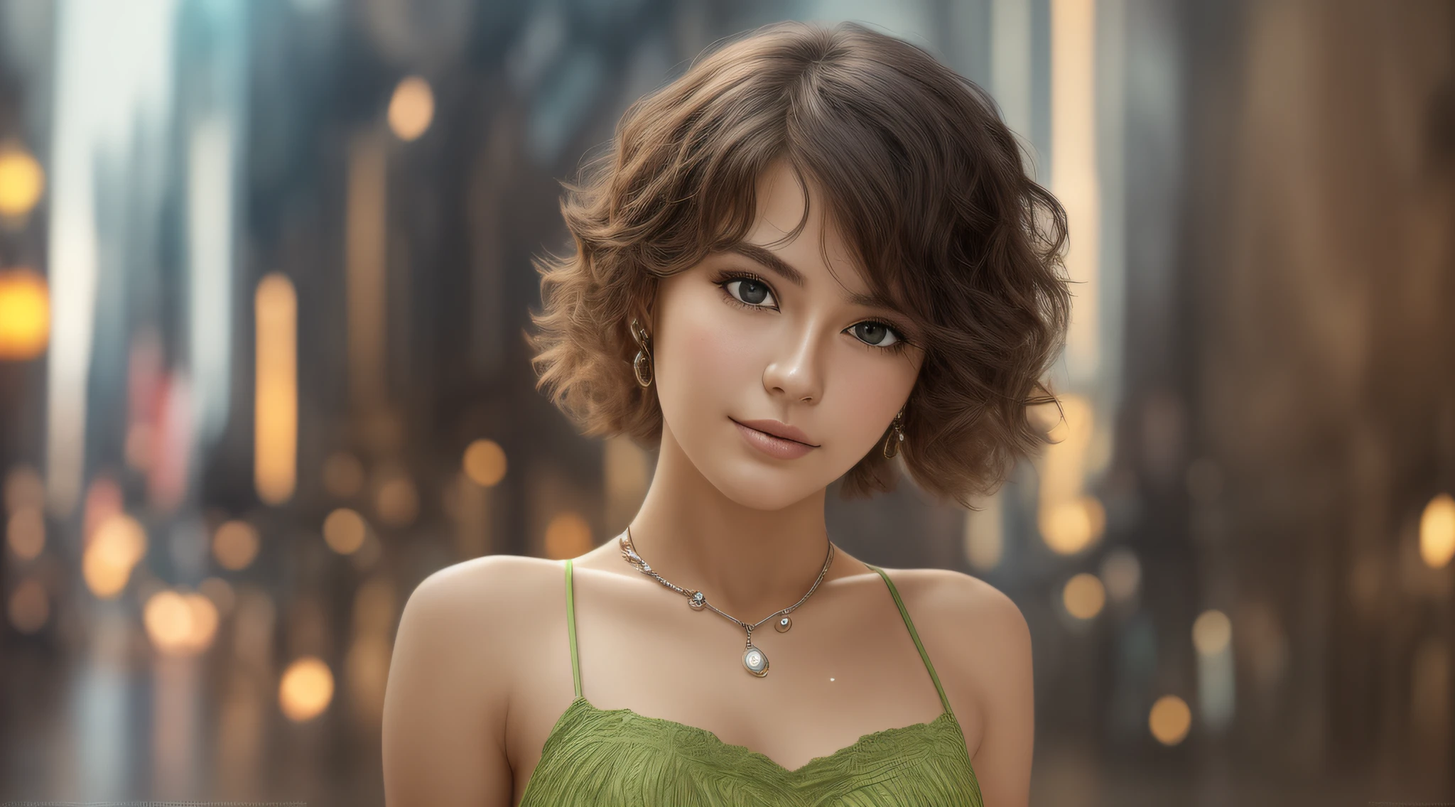 random pose, mix4,(8k, RAW photo, best quality, masterpiece:1.2), (realistic, photo-realistic:1.37),1girl,cute,cityscape, night, rain, wet, professional lighting, photon mapping, radiosity, Physically-based rendering, gradient brunette hair, short curly hair, handsome, girly, lightgreen lacy set, superb picture quality, high resolution, 1080p, (clear face), (detailed face description), (detailed hand description), (masterpiece), (exquisite CG), extreme light and shadow, messy hair, masterpiece, rich detail, (exquisite facial features), (highest image quality), (masterpiece), (detailed eyes), look forward to your eyes, delicate collarbone, shy smile, cowboy shot