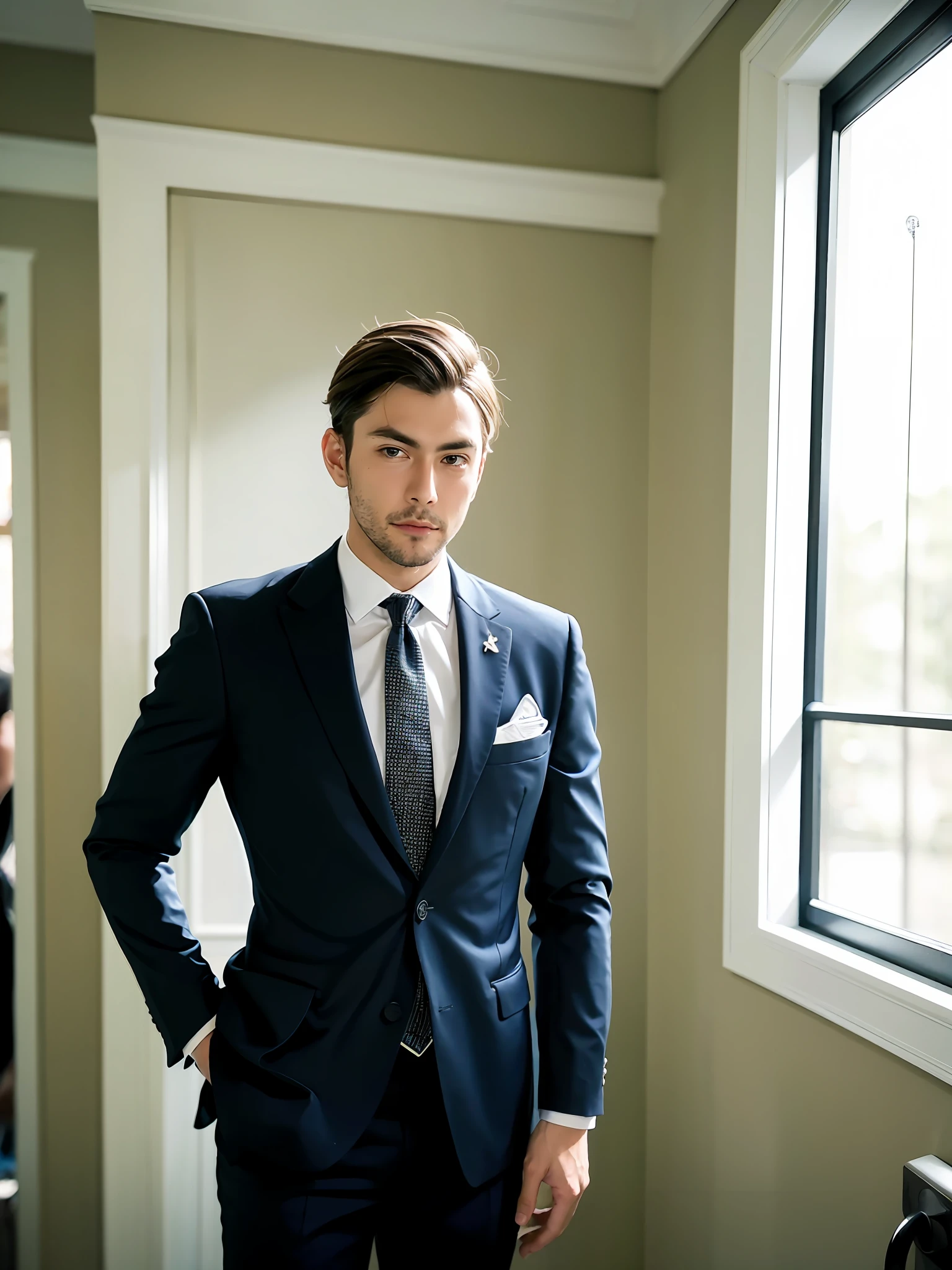 there is a man in a suit taking a selfie in a bathroom mirror, wear suit, wearing black grey suit, wear suit!, wear suit, dressed in a suit, wearing a strict business suit, wearing a worn out suit, dressed in a suit, he is wearing a suit, wearing a suit and a tie, wear suit, Wearing a suit and tie, in his suit，handsome