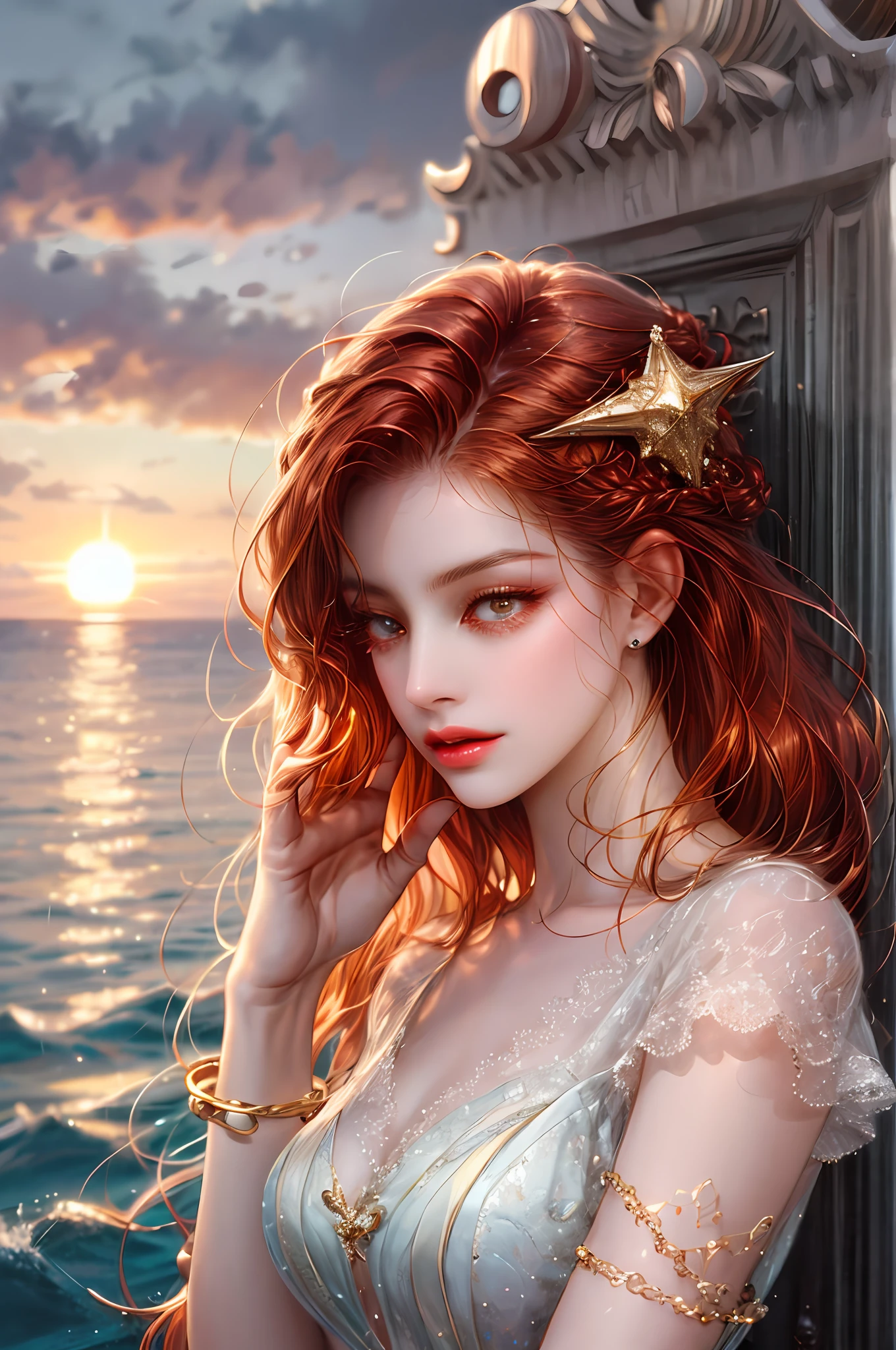 ( High quality , ultra detailed to hand ) ( careful hand ) Zodiac sign- Aries goddess , similar to latin goodness , Brave ,willful ,productive ,enterprising and humanitarian face . Moody, impulsive, impatient, assertive style . sunset reddish hair , transparent dress , in the ocean with sun , whole body , crystal fire eyes ( eye detailed ) . strong powerful make up look . Fire goddess .