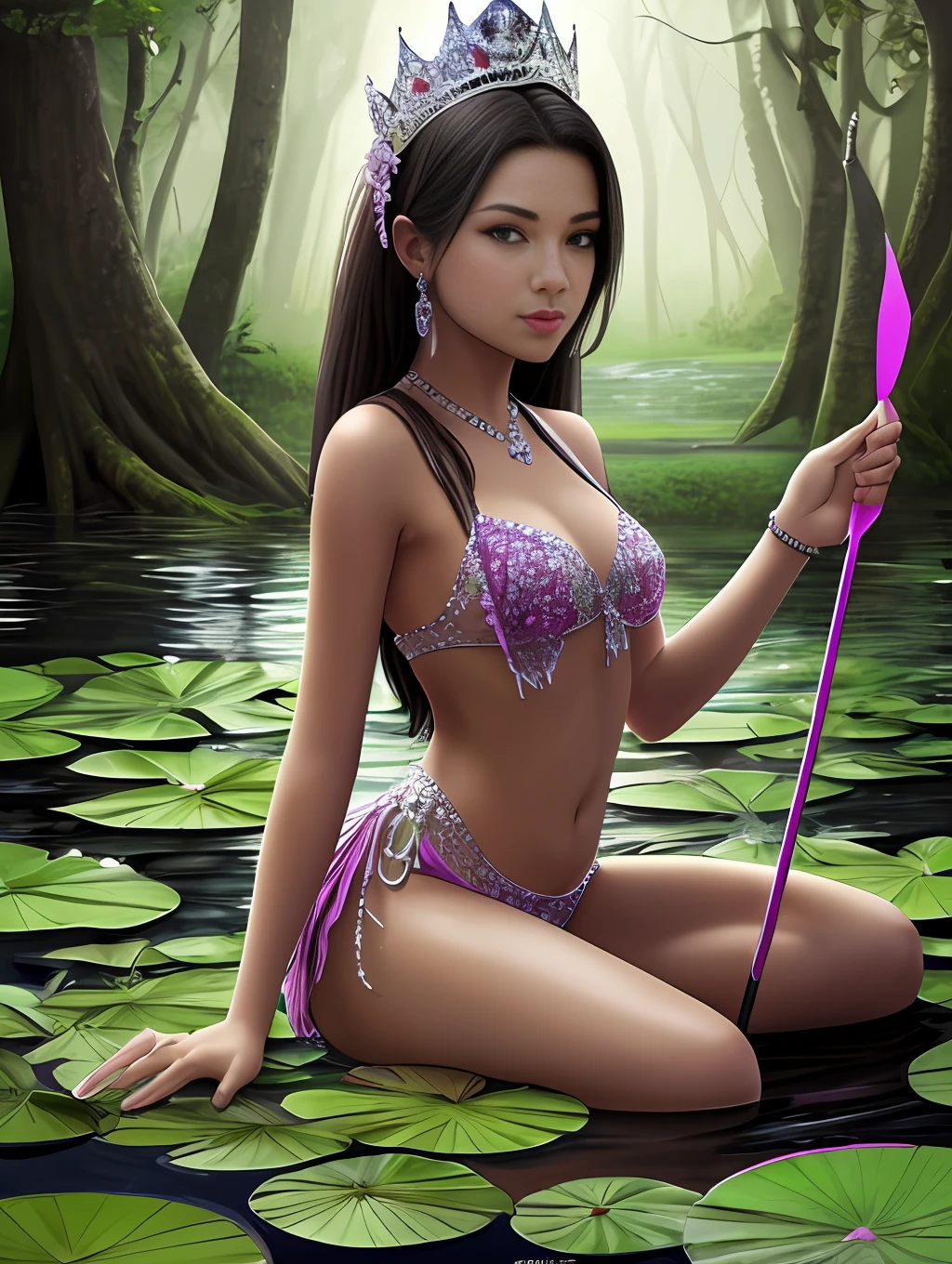 full-shot,full - body,In detail and in detail, the frog princess with a tiara on her head sits on a leaf of a water lily in a swamp, holding an arrow in her front paws;,ultra-high detail,ultra sharp focus,Dramatic light,The sun's rays through the darkness of the forest,Photo Style by Greg Rutkowski,photo realism --auto --s2