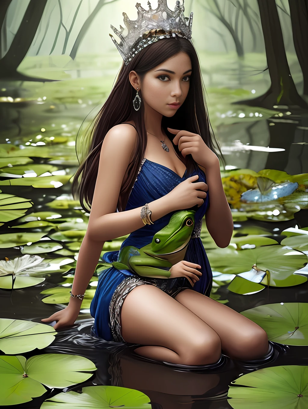 full-shot,full - body,In detail and in detail, the frog princess with a tiara on her head sits on a leaf of a water lily in a swamp, holding an arrow in her front paws;,ultra-high detail,ultra sharp focus,Dramatic light,The sun's rays through the darkness of the forest,Photo Style by Greg Rutkowski,photo realism --auto --s2