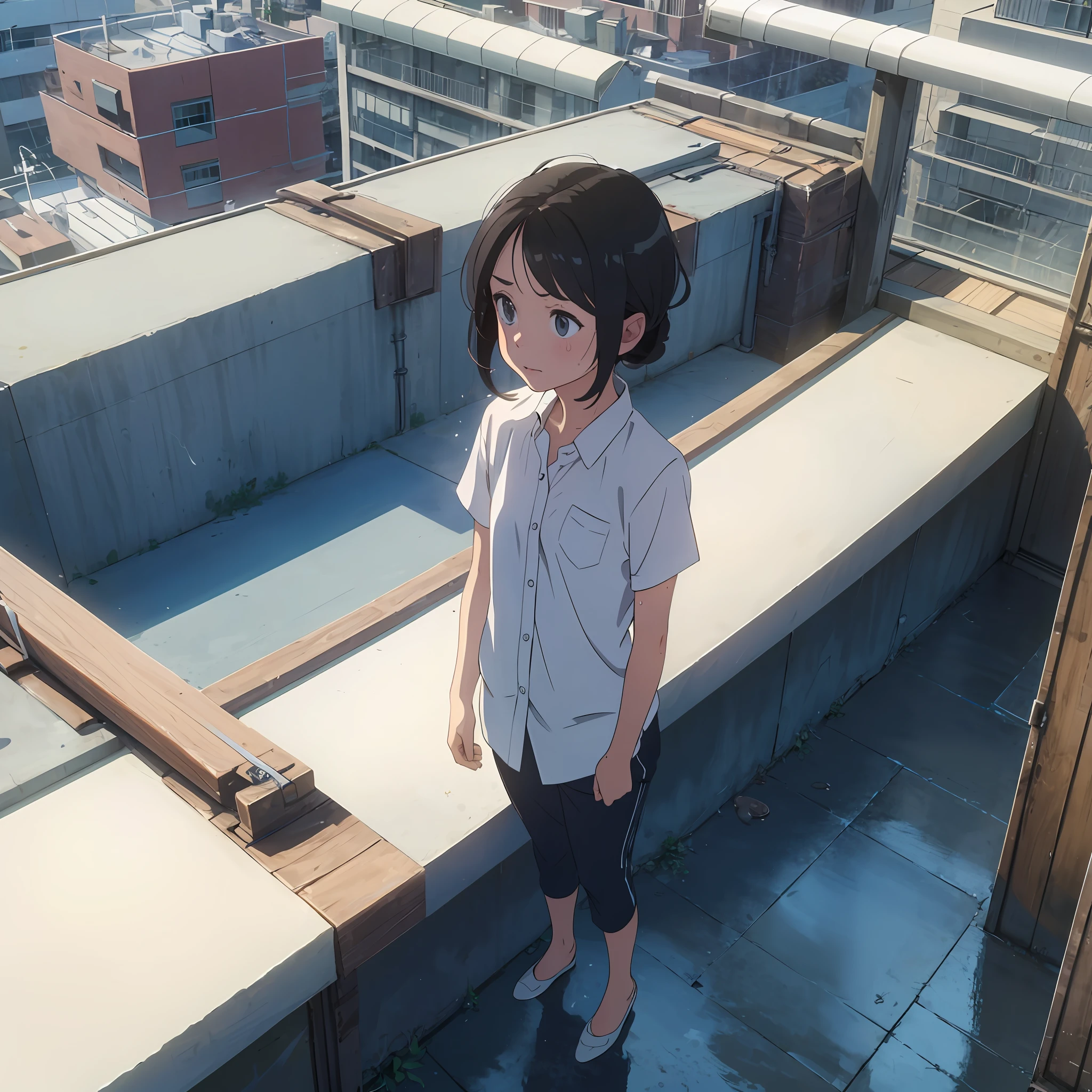 A very cute little girl is standing on the roof of the building in a white shirt wet with sweat --auto
