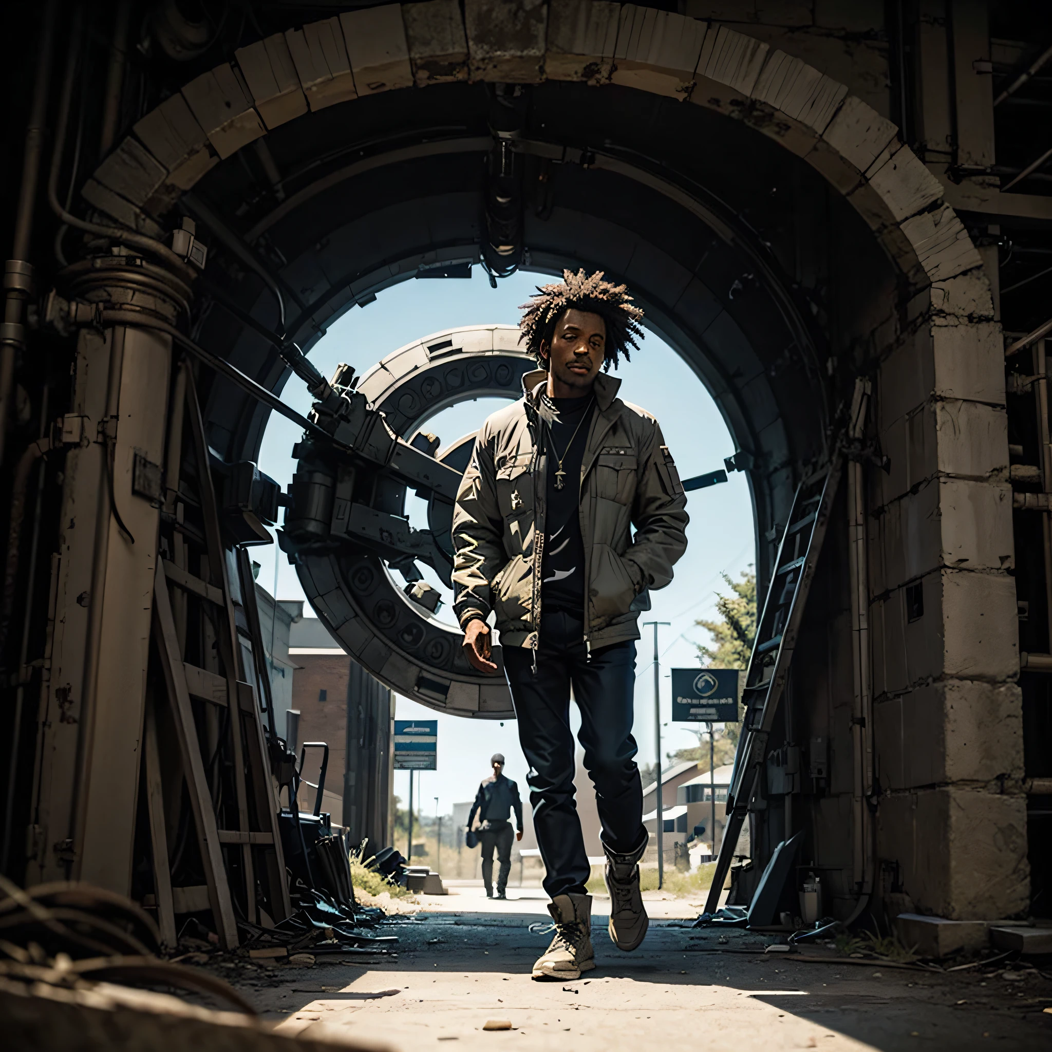 a man coming out of a stargate like the one in Stargate SG1, Black man.
