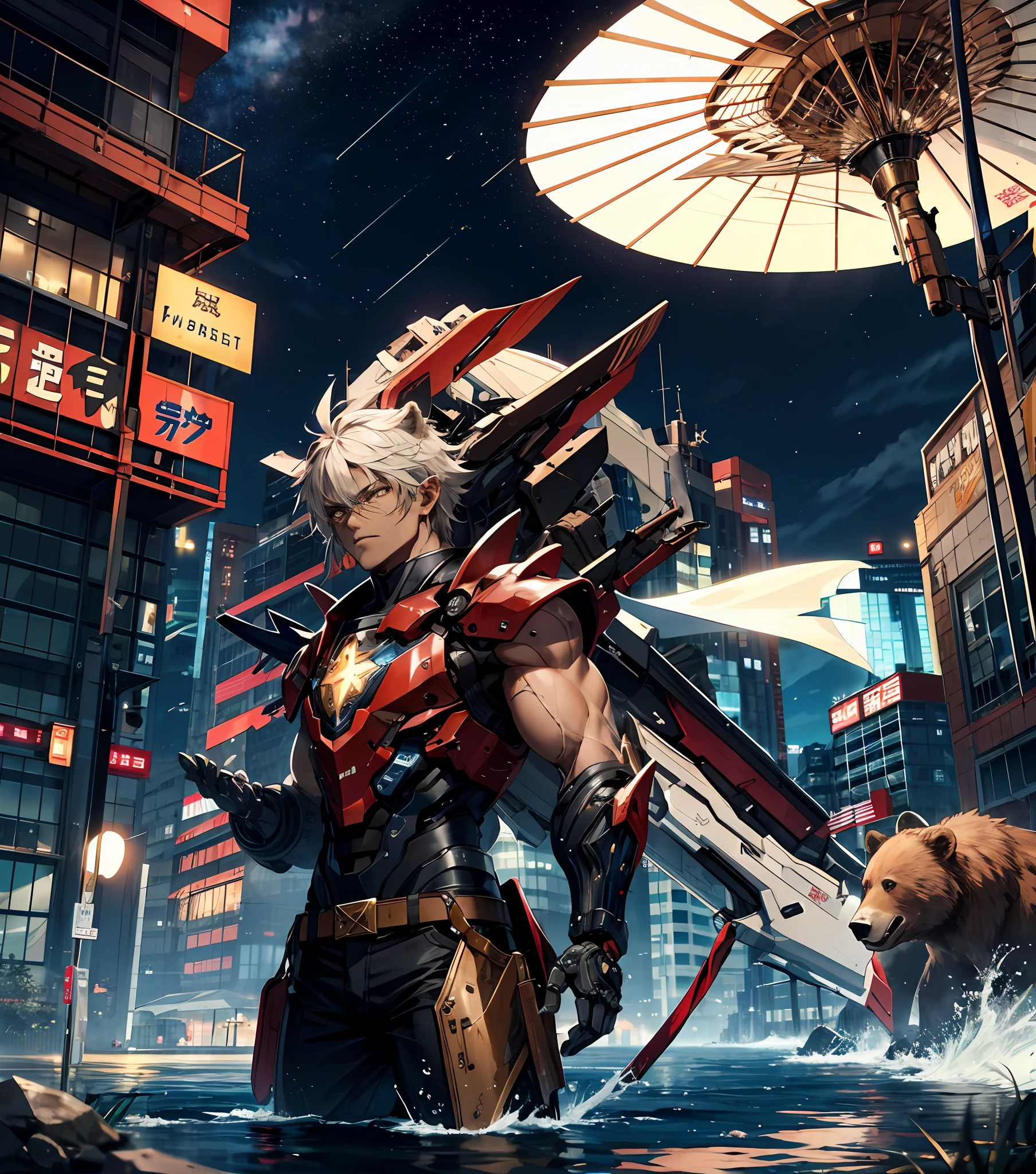 High-quality CG artwork at masterpiece level，An unusually detailed depiction of a costume dressed in vintage American elements、A fierce muscular male armed with a mechanical weapon，Muscles exposed brown skin，a scar，Orcs have brown bear ears，Covers the hair between the eyes，His brown eyes had a random but attractive look，In modern wasteland buildings with ponds、Random movements are shown in the flowing water。Starry sky as the background，Brings out the unique atmosphere of the picture。