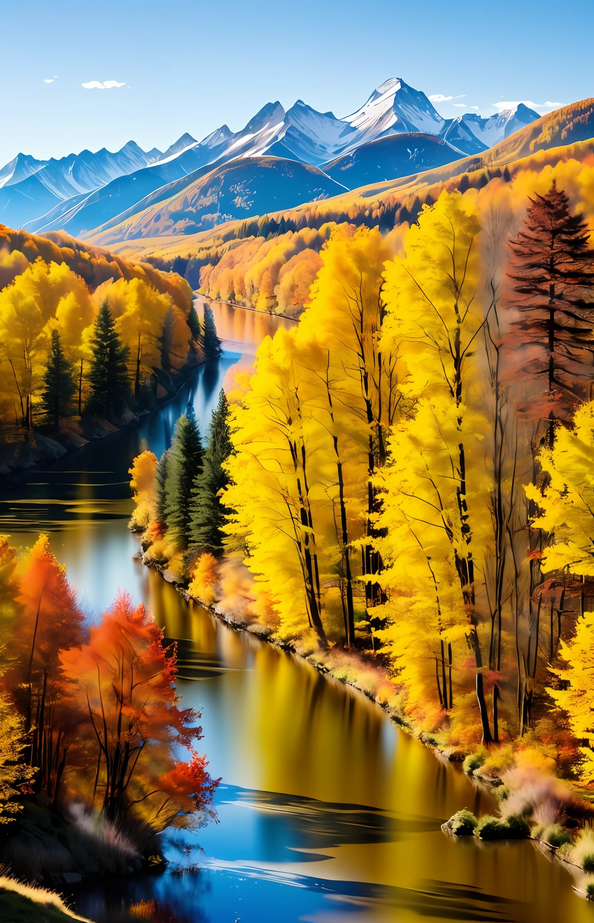 masterpiece, best quality, forest, mountainous horizon, mountain, flowers, river, autumn, architecture,