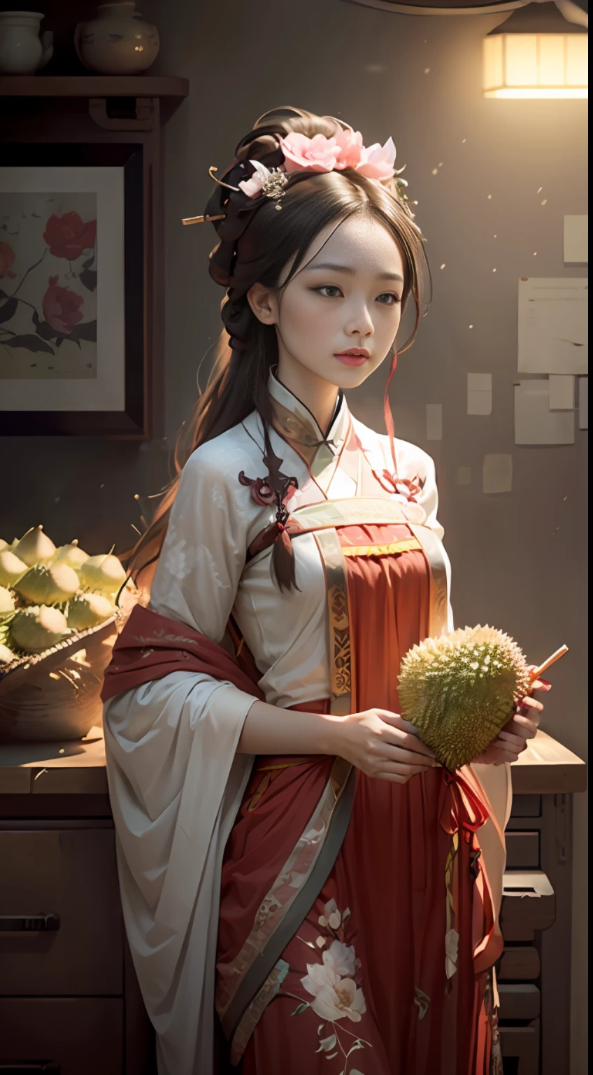 (Positive Focus), (In the Dark: 1 Girl holding durian), Surrealist Female Portraits by David Hockney and Alphonse Mucha, Fantasy Art, Photo Realism, Dynamic Lighting, Art Station, Poster, Volumetric Lighting, Very Detailed Faces, 4k Wallpaper, Award-Won, , 1 Girl Girl, Long White Hair, Ponytail, Fringed Hair Ornament, Peony Flower Hair Ornament, Chinese Girl, Smile Emoji, Mole Under Eyes, Dynamic Perspective, Chinese Style, Red Hanfu, Embroidery Pattern, Red Ribbon, Half-off Top, Long Legs Exposed, Ancient Chinese restaurants, wine altars, wine glasses, inns, the background is crowded with onlookers, red clothes, temptation, ribbon fluttering, movie lights,