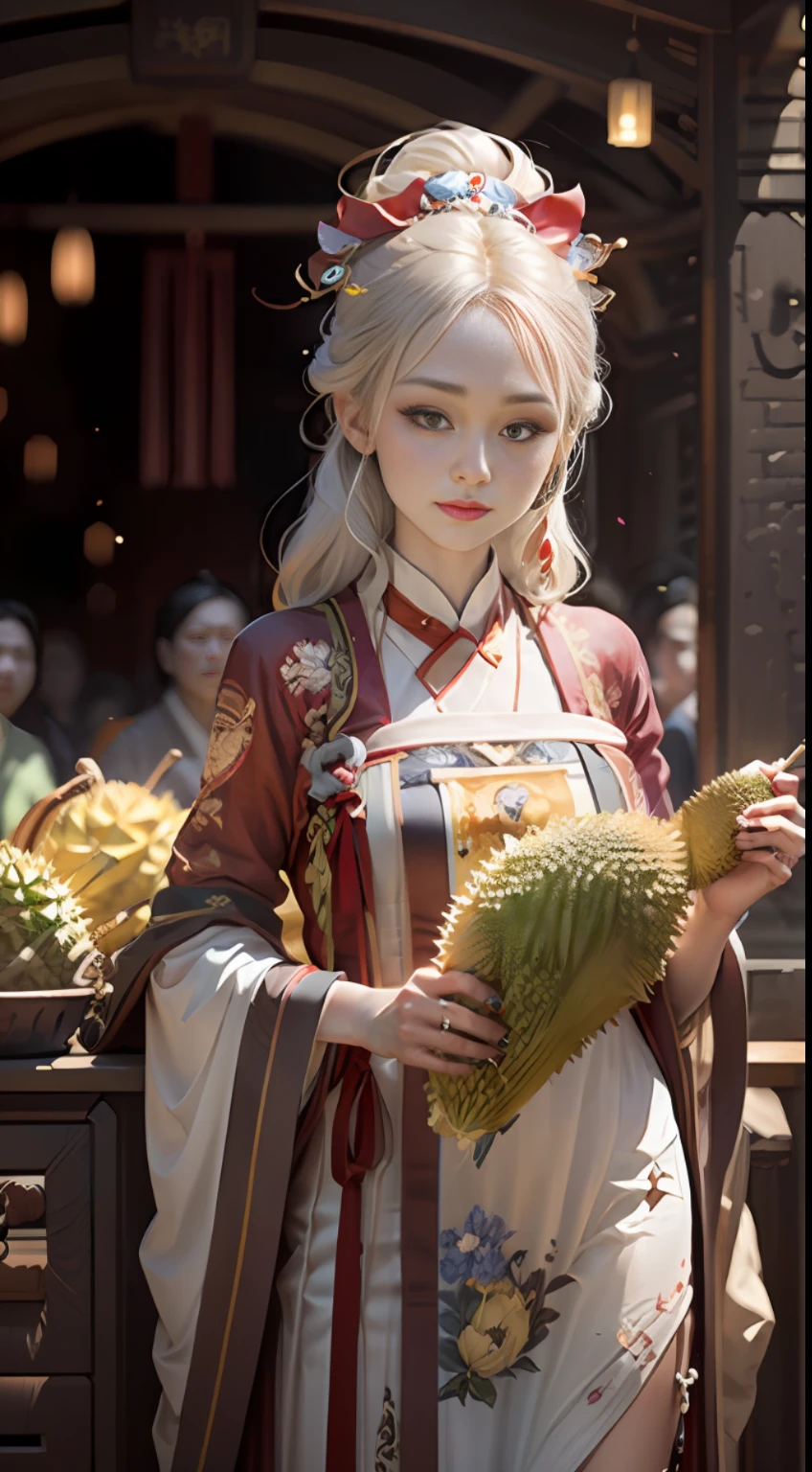 (Positive Focus), (In the Dark: 1 Girl holding durian), Surrealist Female Portraits by David Hockney and Alphonse Mucha, Fantasy Art, Photo Realism, Dynamic Lighting, Art Station, Poster, Volumetric Lighting, Very Detailed Faces, 4k Wallpaper, Award-Won, , 1 Girl Girl, Long White Hair, Ponytail, Fringed Hair Ornament, Peony Flower Hair Ornament, Chinese Girl, Smile Emoji, Mole Under Eyes, Dynamic Perspective, Chinese Style, Red Hanfu, Embroidery Pattern, Red Ribbon, Half-off Top, Long Legs Exposed, Ancient Chinese restaurants, wine altars, wine glasses, inns, the background is crowded with onlookers, red clothes, temptation, ribbon fluttering, movie lights,