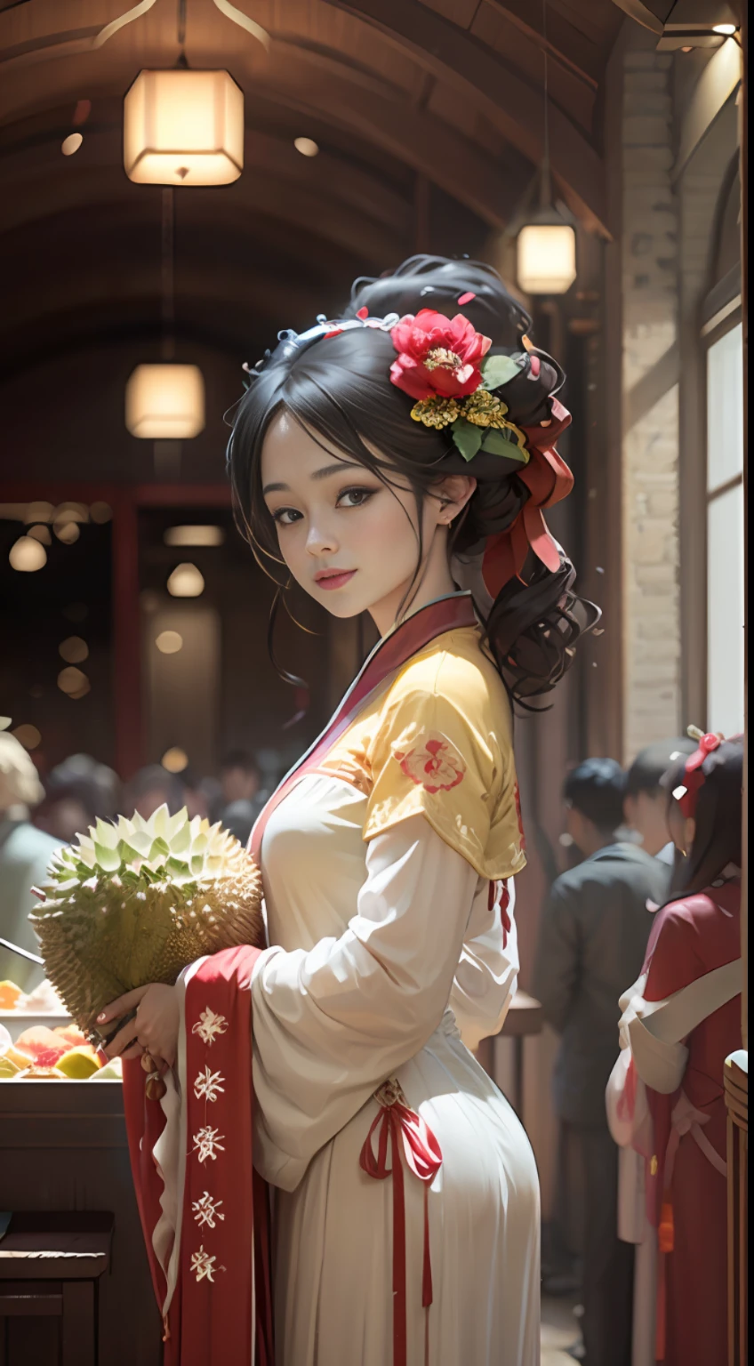 (Positive Focus), (In the Dark: 1 Girl holding durian), Surrealist Female Portraits by David Hockney and Alphonse Mucha, Fantasy Art, Photo Realism, Dynamic Lighting, Art Station, Poster, Volumetric Lighting, Very Detailed Faces, 4k Wallpaper, Award-Won, , 1 Girl Girl, Long White Hair, Ponytail, Fringed Hair Ornament, Peony Flower Hair Ornament, Chinese Girl, Smile Emoji, Mole Under Eyes, Dynamic Perspective, Chinese Style, Red Hanfu, Embroidery Pattern, Red Ribbon, Half-off Top, Long Legs Exposed, Ancient Chinese restaurants, wine altars, wine glasses, inns, the background is crowded with onlookers, red clothes, temptation, ribbon fluttering, movie lights,