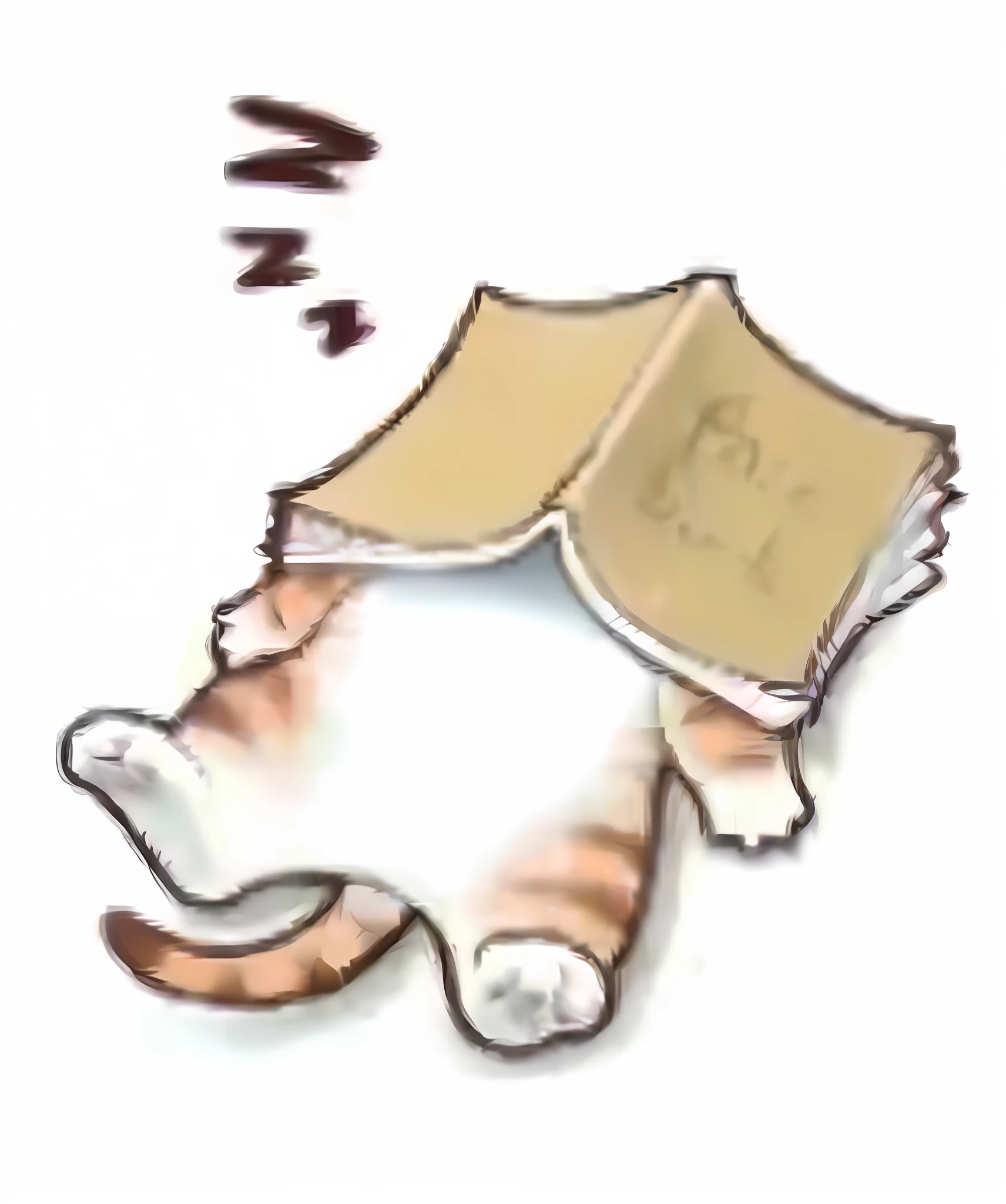 (Graphic style cartoon illustration),(1cat), (looking at book:1.2, pillow head:1.1), book beside the cat, (Garfield-like face:1.3, warm and friendly expression),(exhausted face:0.8),(tree resin), (telegraph stickers), personal avatar.