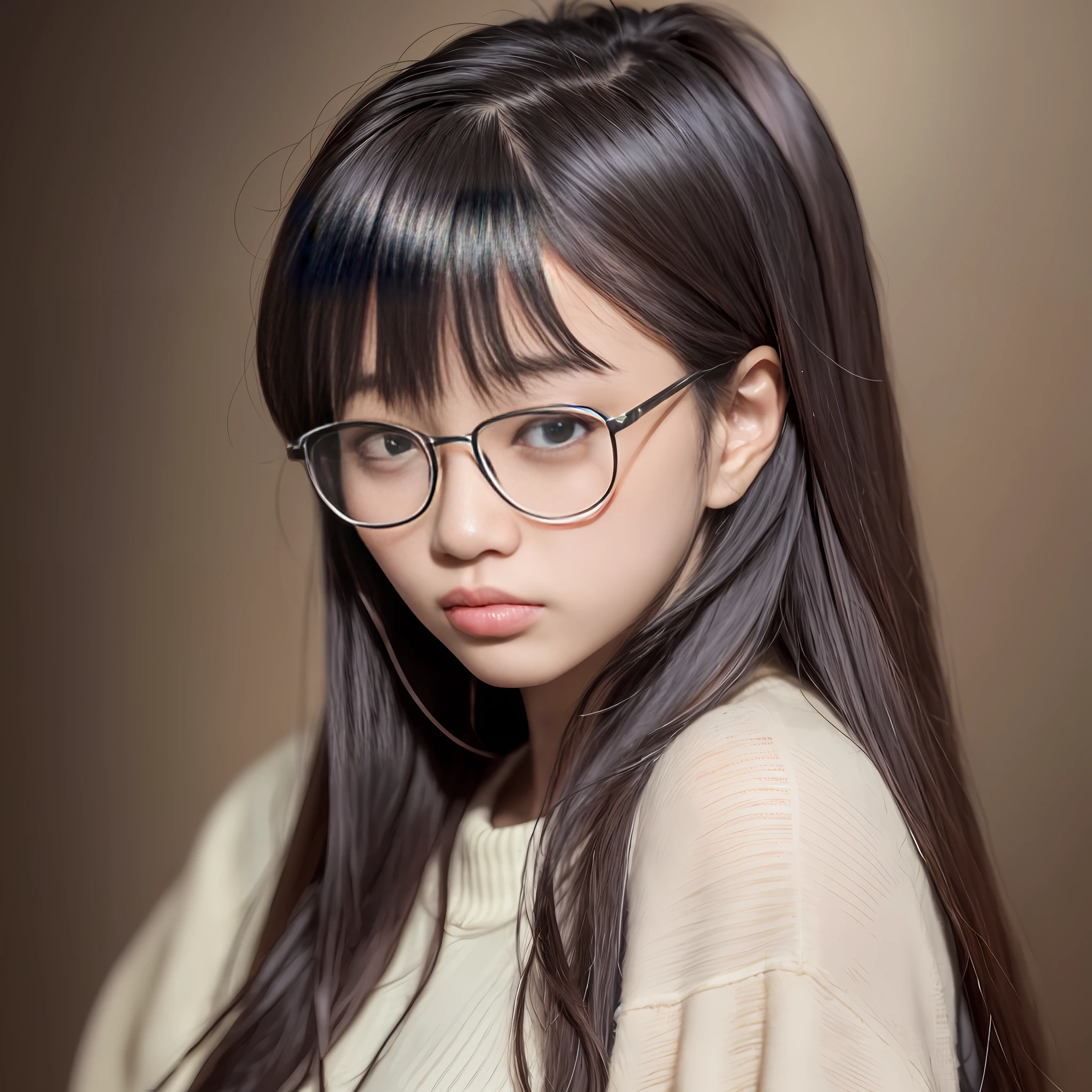A dark-haired,Asian women,petty eyes,Single Eyelids,Diamond-shaped face,middle parted bangs,Thin lips,high cheekbones,Big face,Ugly,wears glasses,Acne on the face
