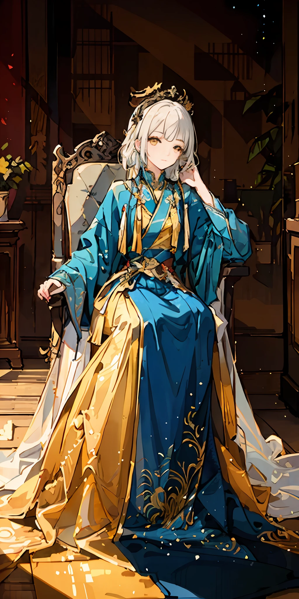 (Masterpiece:1.2), best quality, (illustration:1.2), (ultra-detailed), hyper details, (delicate detailed), (intricate details), (cinematic light, best quality Backlights), clear line, from below, soloist, perfect body, (1girl), white hair and yellow eyes, (emperor, black see-through clothes), (crown: 1.1), sitting on the throne, eyes slightly closed, head down, (shy: 1.2 ), (makeup), high contrast, (best illumination, an extremely create and beautiful), (cinematic light), colorful,