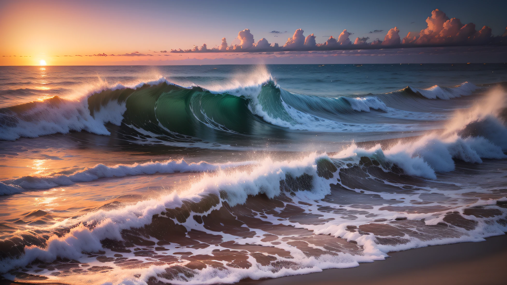 Morning,sea beach。The morning light fills the earth,Waves crashing on the shore,A refreshing sea breeze blows,A fresh and pleasant feeling came to my face。 --auto