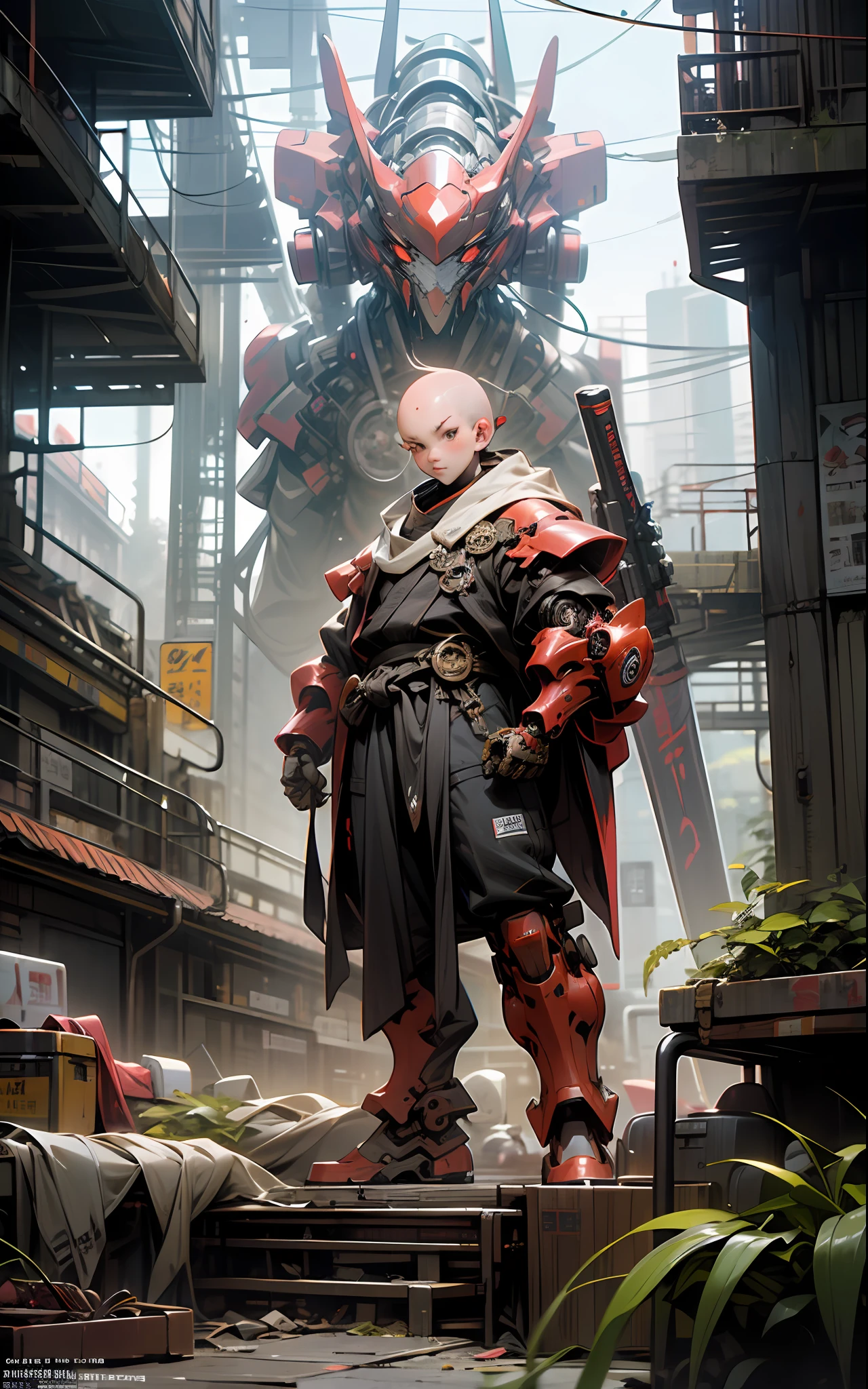 A small bald monk stands next to a giant robot，Guweiz style artwork，cyberpunk，Trends on CGiStations，guweiz，Russell Dongjun Lu，digital cyberpunk anime art，ross tran 8 k，Guweiz on ArtStation Pixiv ，Monk of mecha network armor --auto