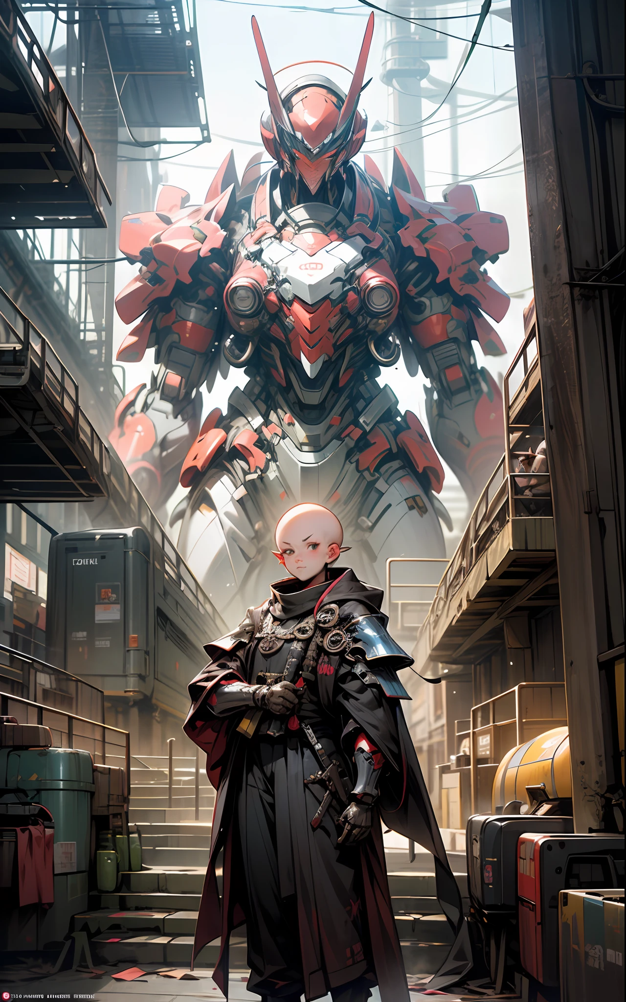 A small bald monk stands next to a giant robot,Guweiz style artwork,cyberpunk,Trends on CGiStations,guweiz,Russell Dongjun Lu,digital cyberpunk anime art,ross tran 8 k,Guweiz on ArtStation Pixiv ,Monk of mecha network armor --auto