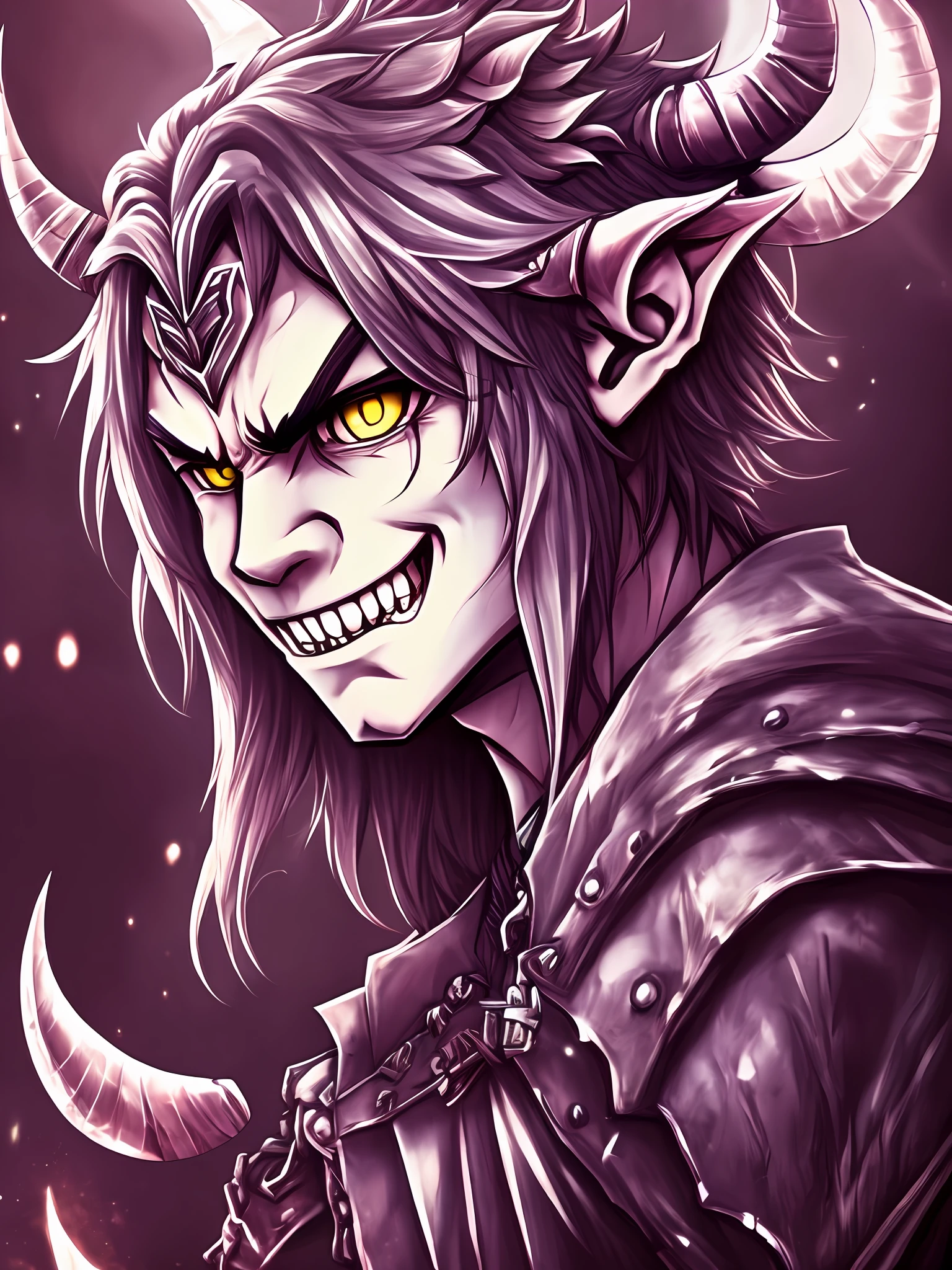 man with sharp fang teeth, purple eyes, pale skin and eyes alonpaleg his arms with a cruel smile and horns. --auto --s2