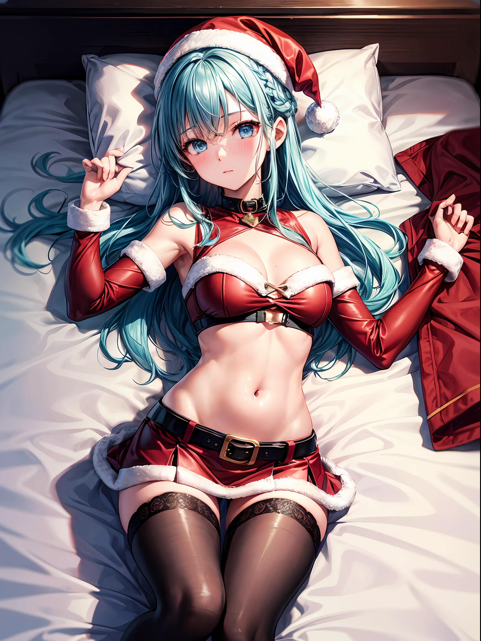 beste-Qualit、1girl in,Light blue hair、Longhaire、Blue eyes、Shy look、Santa Claus Cosplay:1.4、Red sleeves、hugetits:1.1,Putting out the belly button、Constriction、Red miniskirt、Black belt、Red tights、thighs thighs thighs thighs、View here、Dim lighting、natta、hotels room、On the bed、Put your hands on the pillow、Supine position、Angle from diagonally above、Background blur