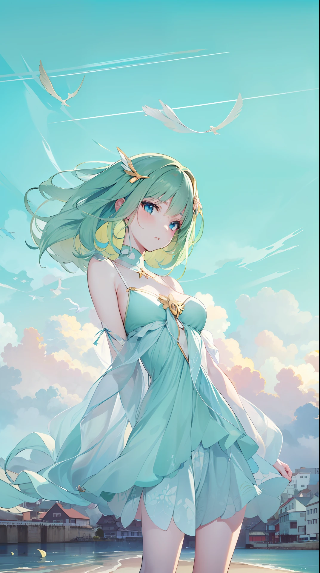 ((Beautiful anime artwork)), shift dresses, sea beach, Hair fluttering, Soft cute illustration, cloud goddess, girl clouds, Ethereal breath, Beautifully styled, 熟女感, Gentle temperament, ((Girly beauty)), ((portrait of age girl)), Mysterious atmosphere, ((Illustration style)), Beautiful anime woman, Beautiful anime atmosphere, Beautiful anime girls, Romantic。