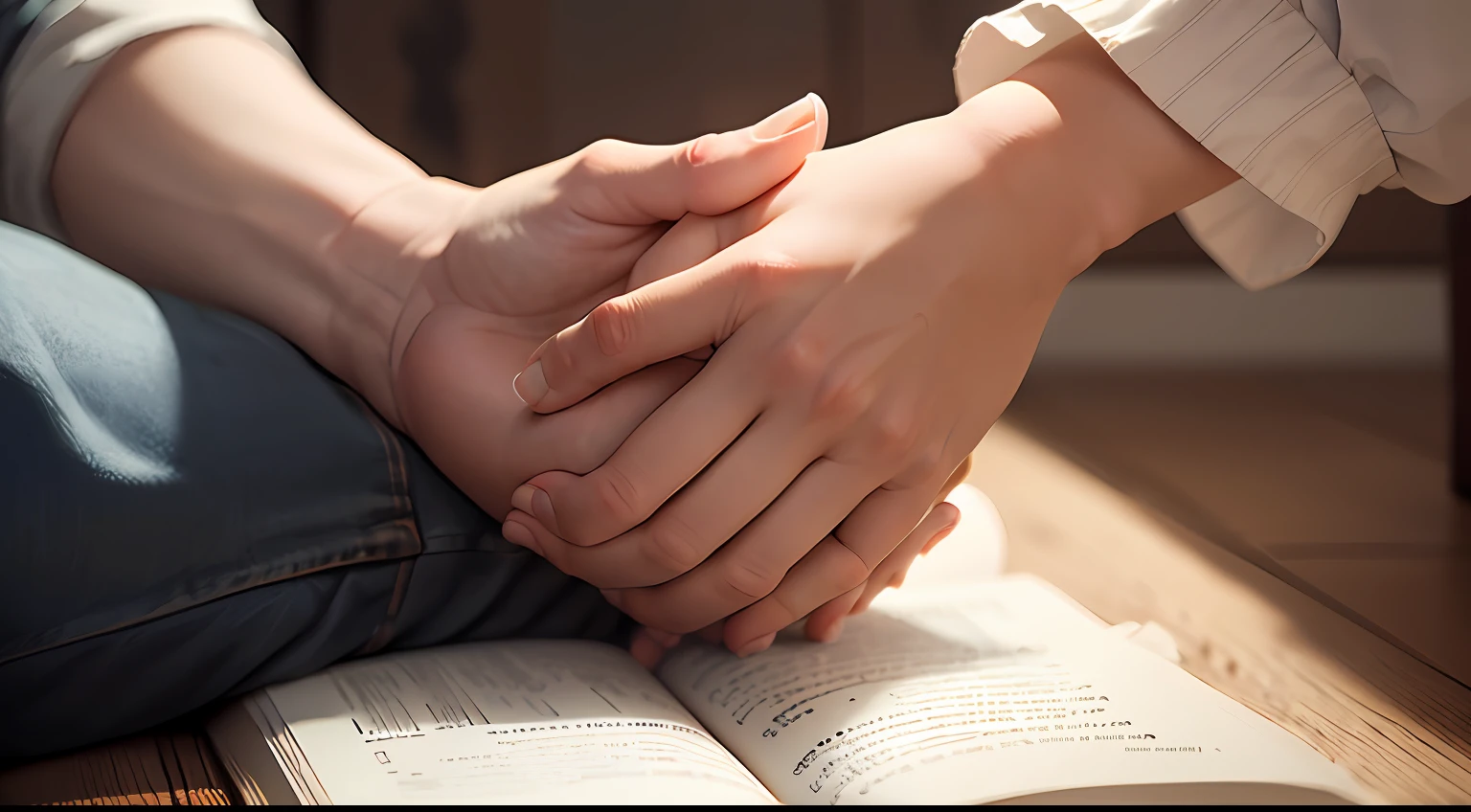A realistic image that shows a person on his knees, with hands raised in prayer, in a quiet and spiritual environment. The person has only two very well detailed hands with only five fingers in each hand. This image represents the search for the presence and protection of God mentioned in Psalm 91. --auto