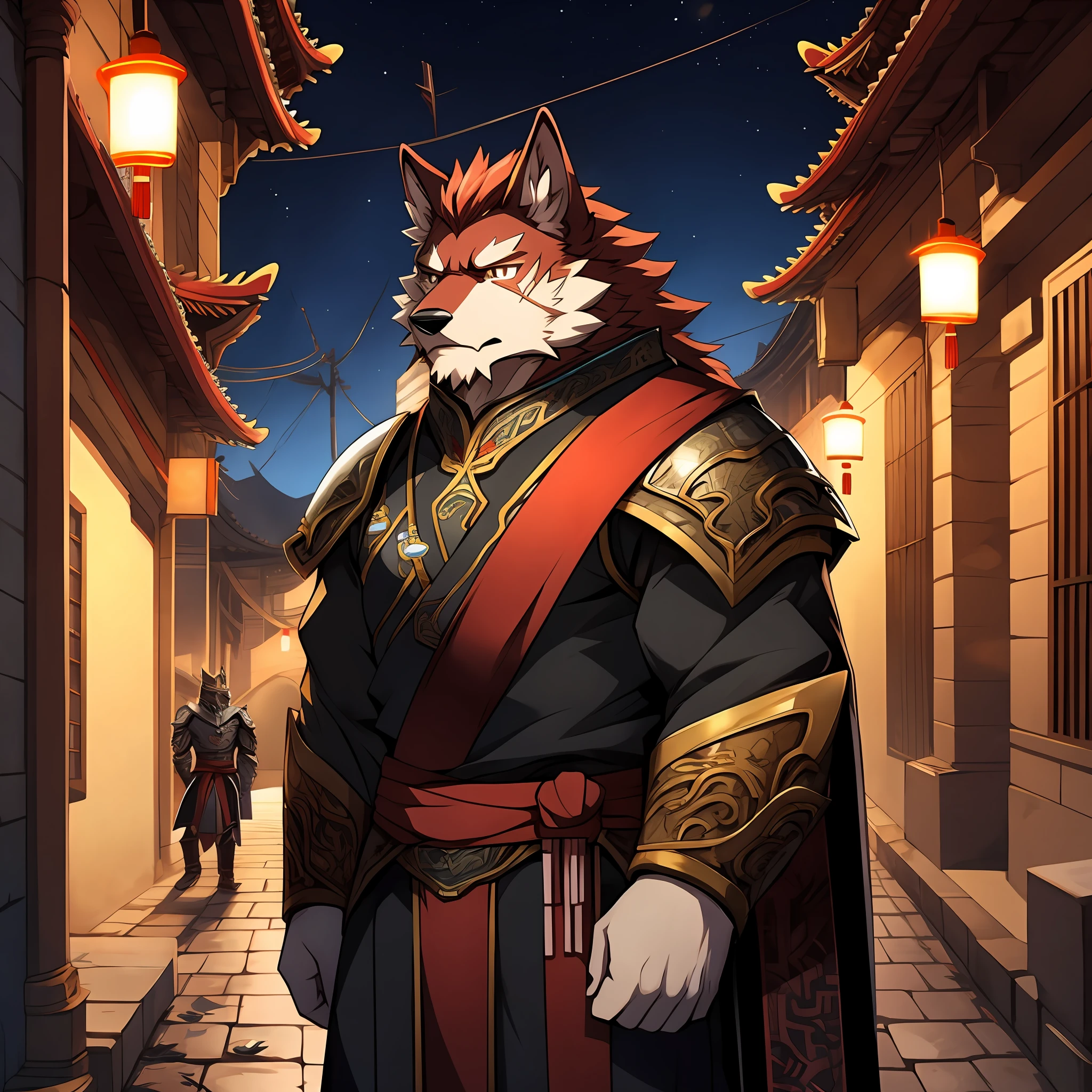 A red werewolf with dark red hair and muscular standing on the street at night，A melancholy expression appeared on his face，He wore ancient Chinese general armor，The corners of the mouth are slightly melancholy，Two bites of a cherry，He was a great general a thousand years ago，There is a visible scar on the right eye，dynamicposes（由Null-Ghost：0.5），head portrait，tmasterpiece