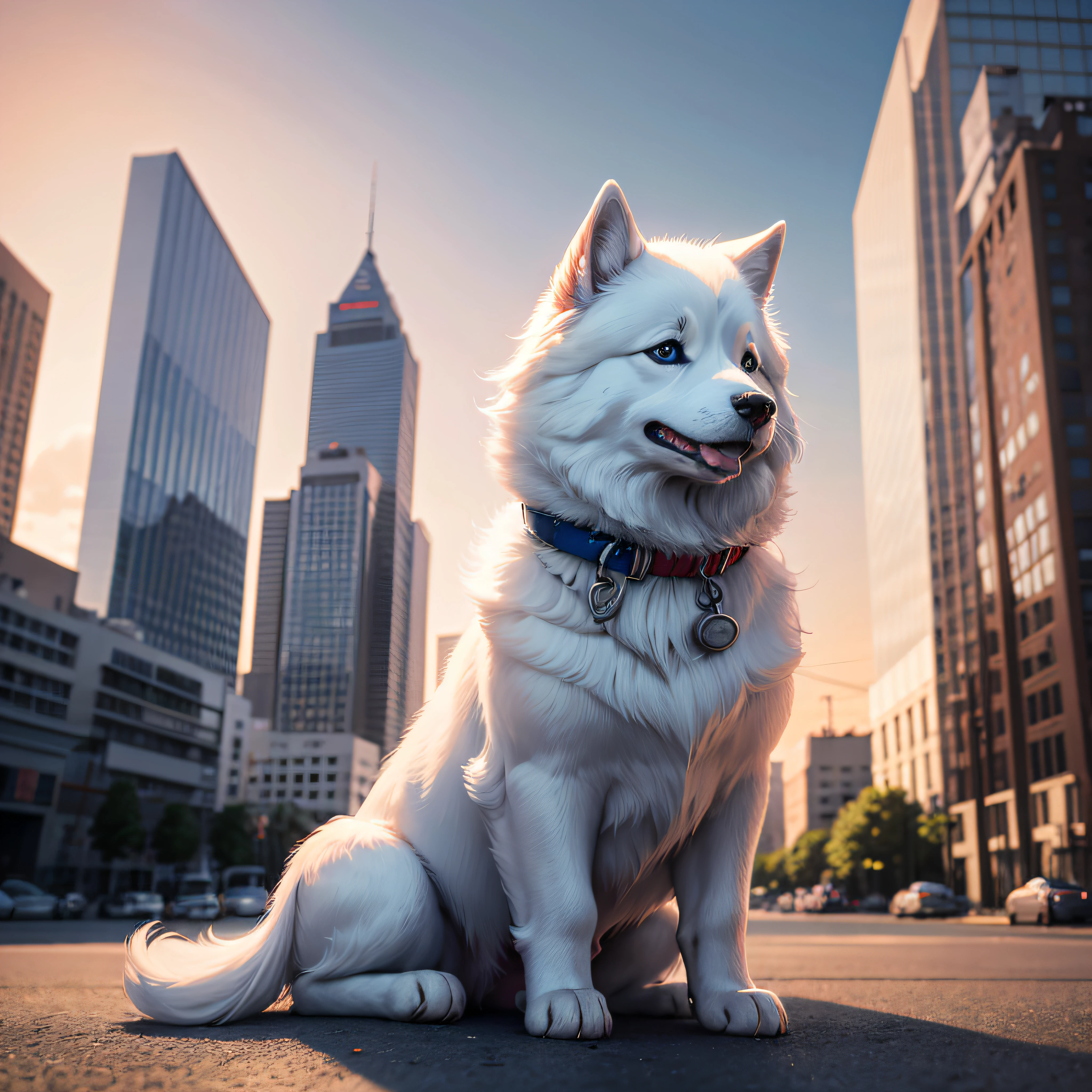 Perdido em uma cidade grande cheia de predios,contrasta com o pelo branco e fofinho do Samoyed. The dog looks at the tall buildings with childlike admiration in his blue eyes. The rosy sunset sky illuminates the scenery in a soft, tom sonhador, giving the feeling of a children's book cover.
