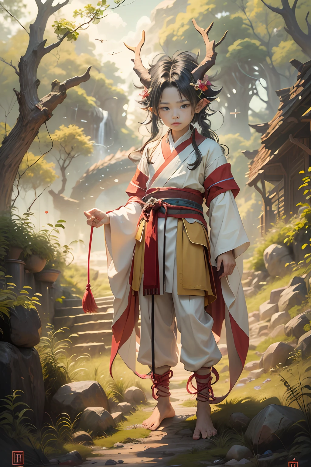 Eight-year-old boy,Dragon horns grow on the forehead,Amber pupils,Dressed in gorgeous Hanfu,Human face,length hair,Barefoot,The ankle is tied with a red cord,Stand on the hillside