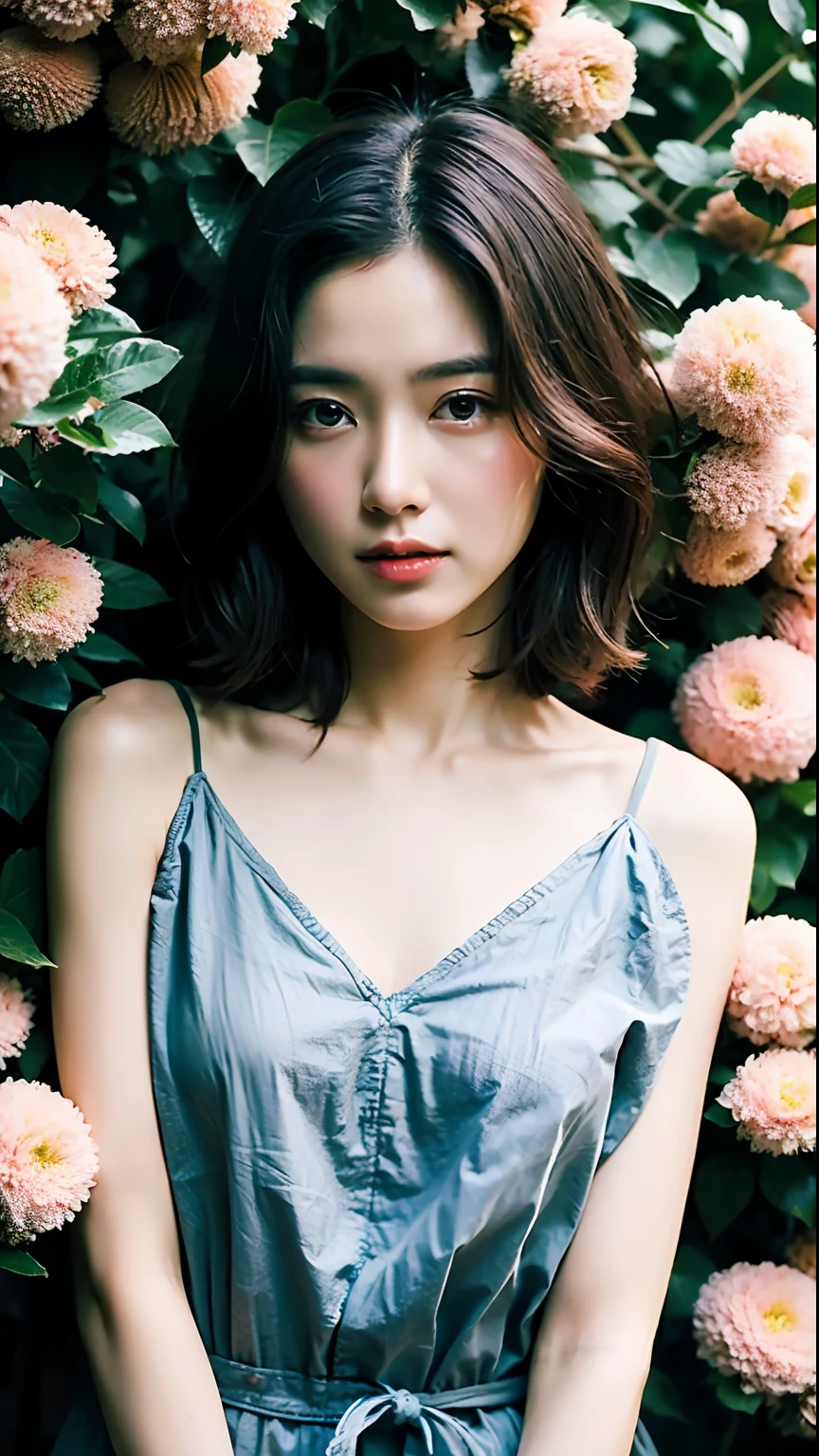 (beste-Qualit、8k、32k、masterpiece、UHD:1.2)、Photo of a cute Japanese woman、、very short bobbed hair、Upper body body、The face is hidden by flowers、simple background、From above、