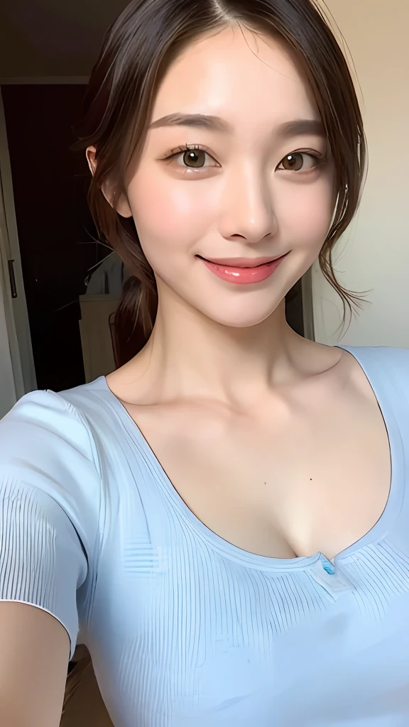 1girl, slender abs beauty: 1.3, (casual hairstyle, no leakage of big breasts: 1.2), dress: 1.1, super fine face, delicate eyes, double eyelids, smile, home