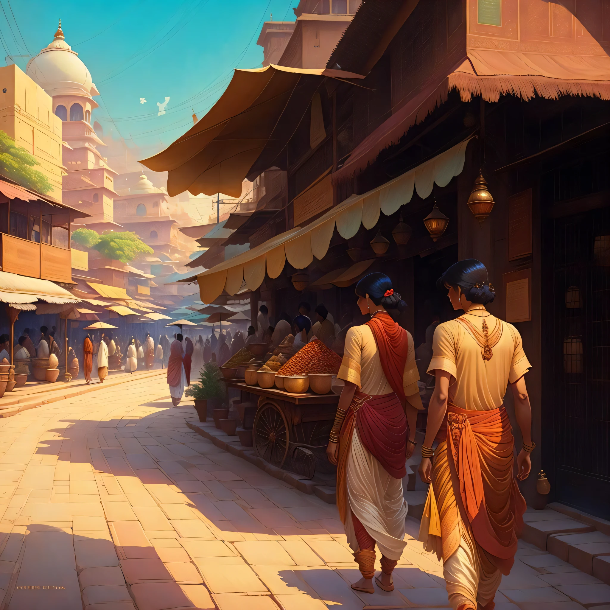 An Indian city in the 1900s, colorful spice markets, main streets, greg rutkowski, makoto shinkai and lois van baarle, ilya kuvshinov, rossdraws, tom bagshaw, alphonse mucha, global illumination, detailed and intricate environment, oil painting, heavy strokes, paint dripping, women wearing sarees, men wearing dhoti