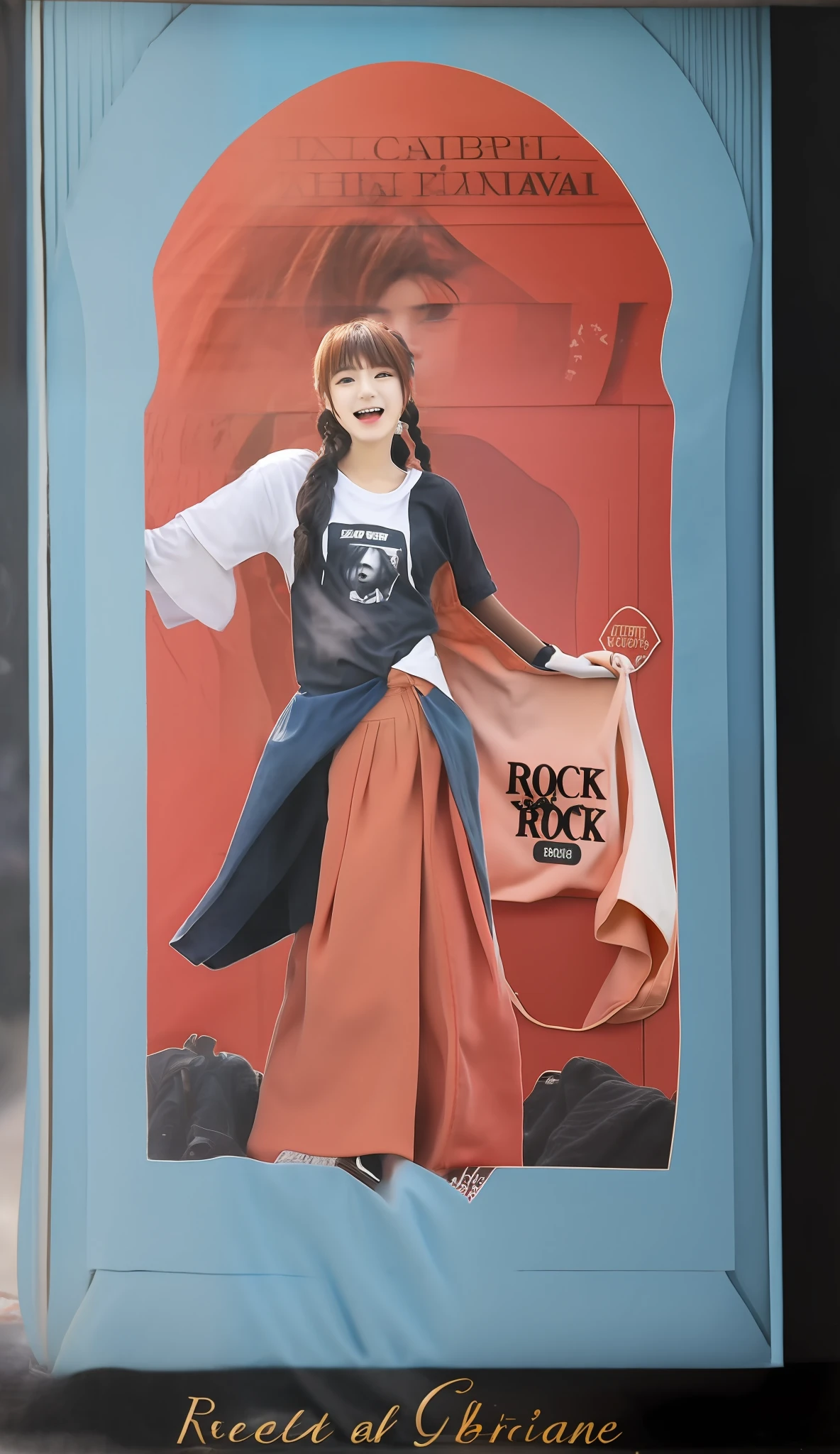 realistic photo , a girl showing her love rock band vocalist face printed T-shirt
