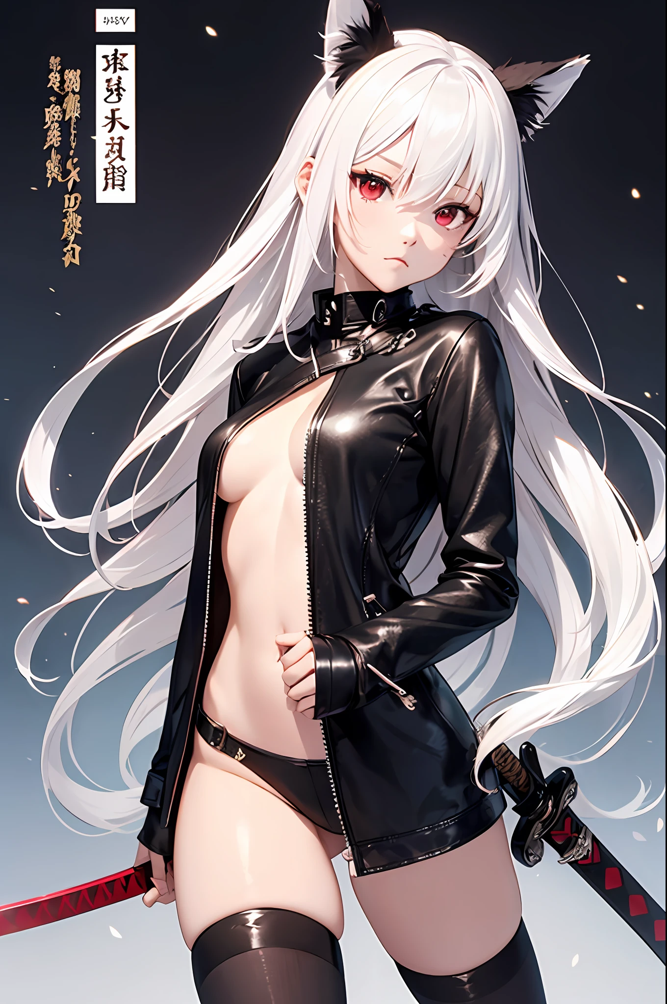 white color hair，Long hair，red eyes，Leather clothes，shortpants，empire，barepubic hair，black lence stockings，katana swords，Animal ears，UHR --auto