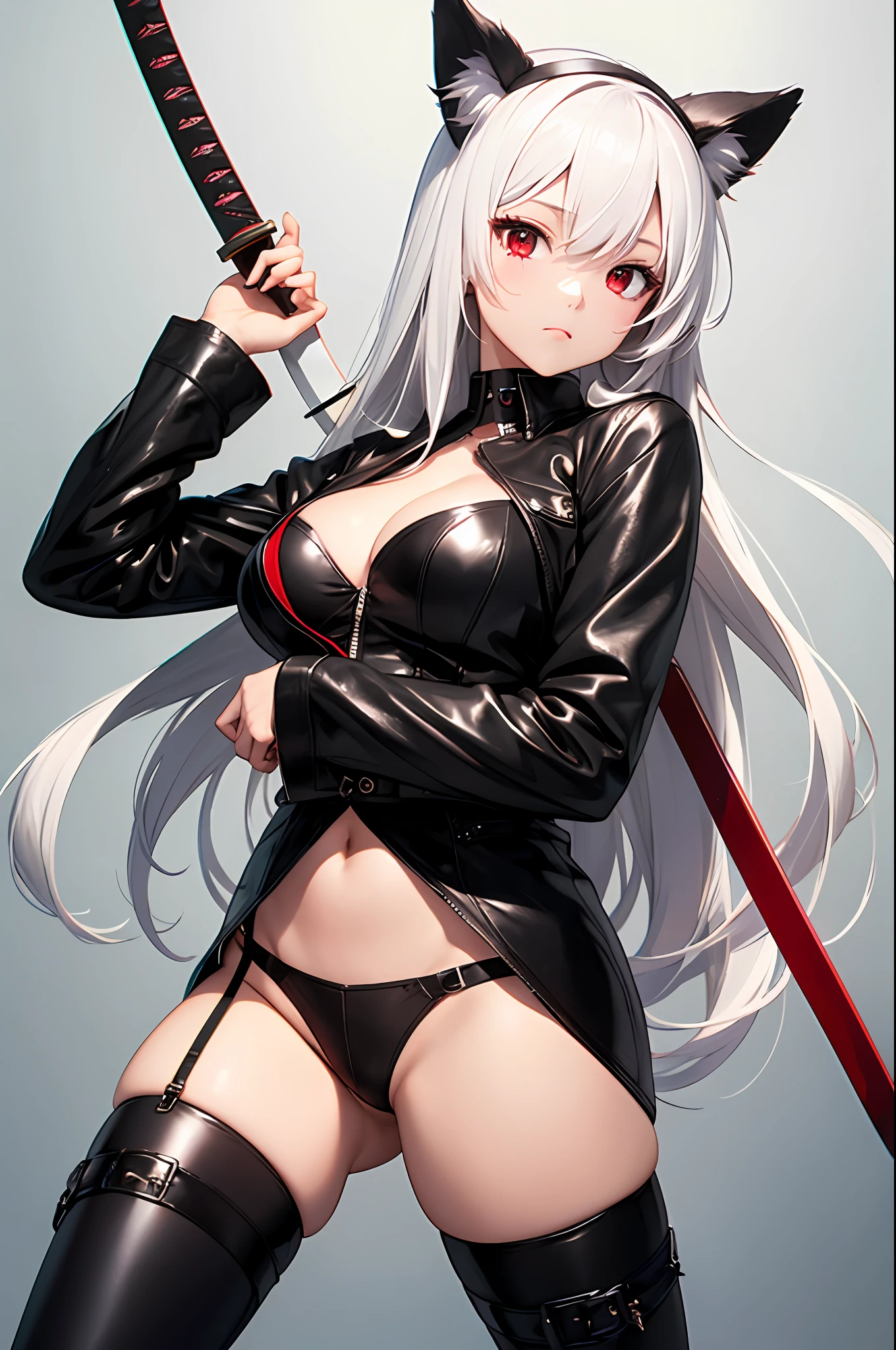white color hair,Long hair,red eyes,Leather clothes,shortpants,empire,barepubic hair,black lence stockings,katana swords,Animal ears,UHR --auto