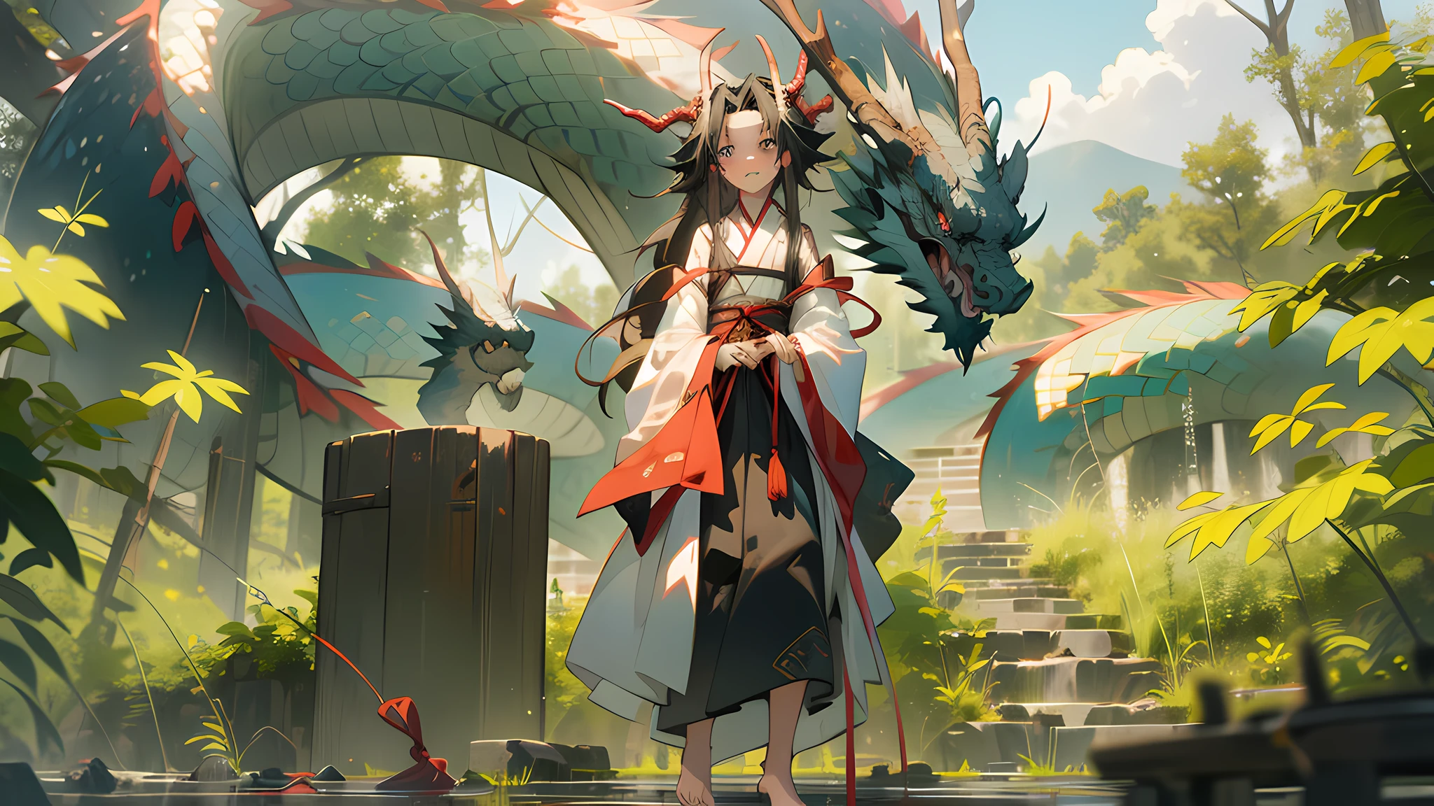 Eight-year-old boy,Dragon horns grow on the forehead,Amber pupils,Dressed in gorgeous Hanfu,Human face,length hair,Barefoot,The ankle is tied with a red cord,Stand on the hillside